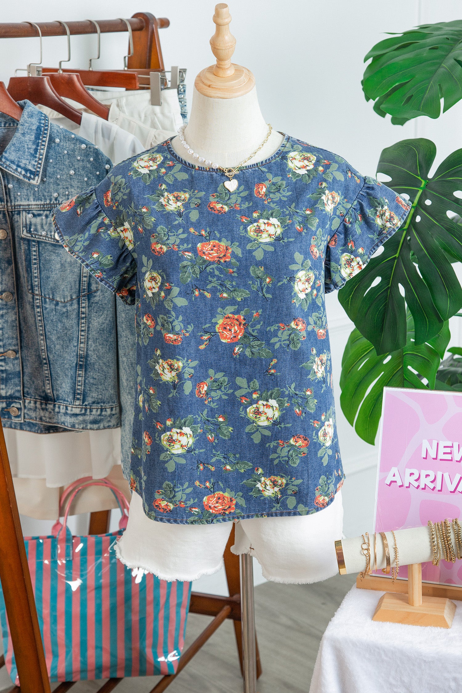 Ruffled Short Sleeve Floral Denim Top