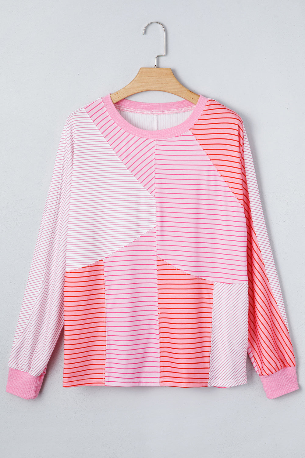 Pink Striped Exposed Seam Casual Long Sleeve Top eAura