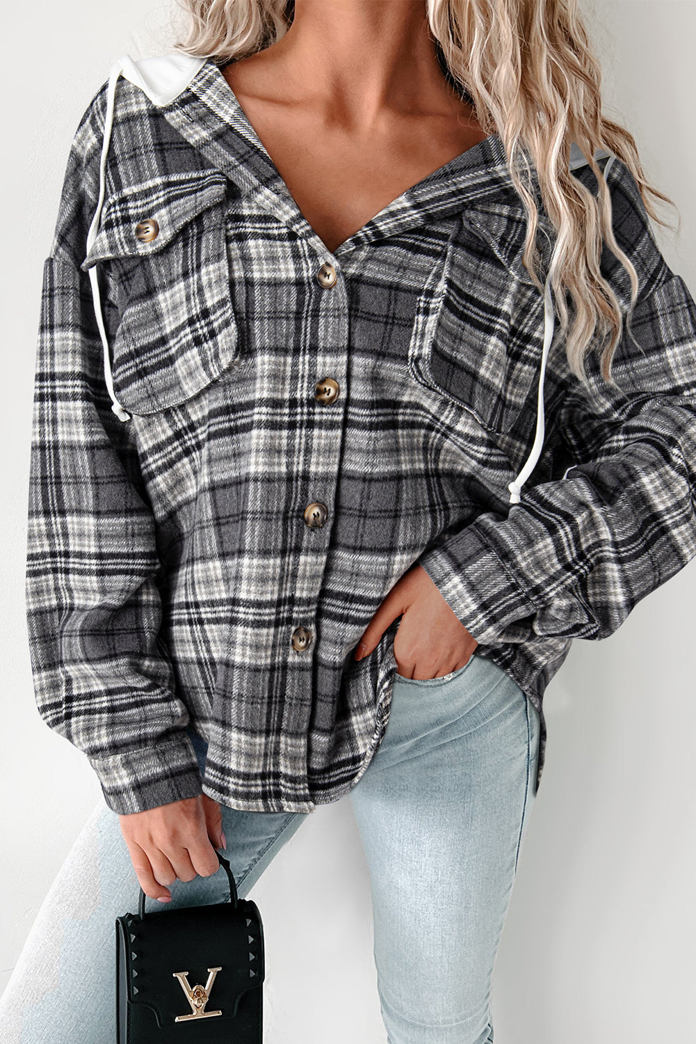 Black Plaid Print Flap Pockets Contrast Hooded Loose Shacket BB Fashion Outlet