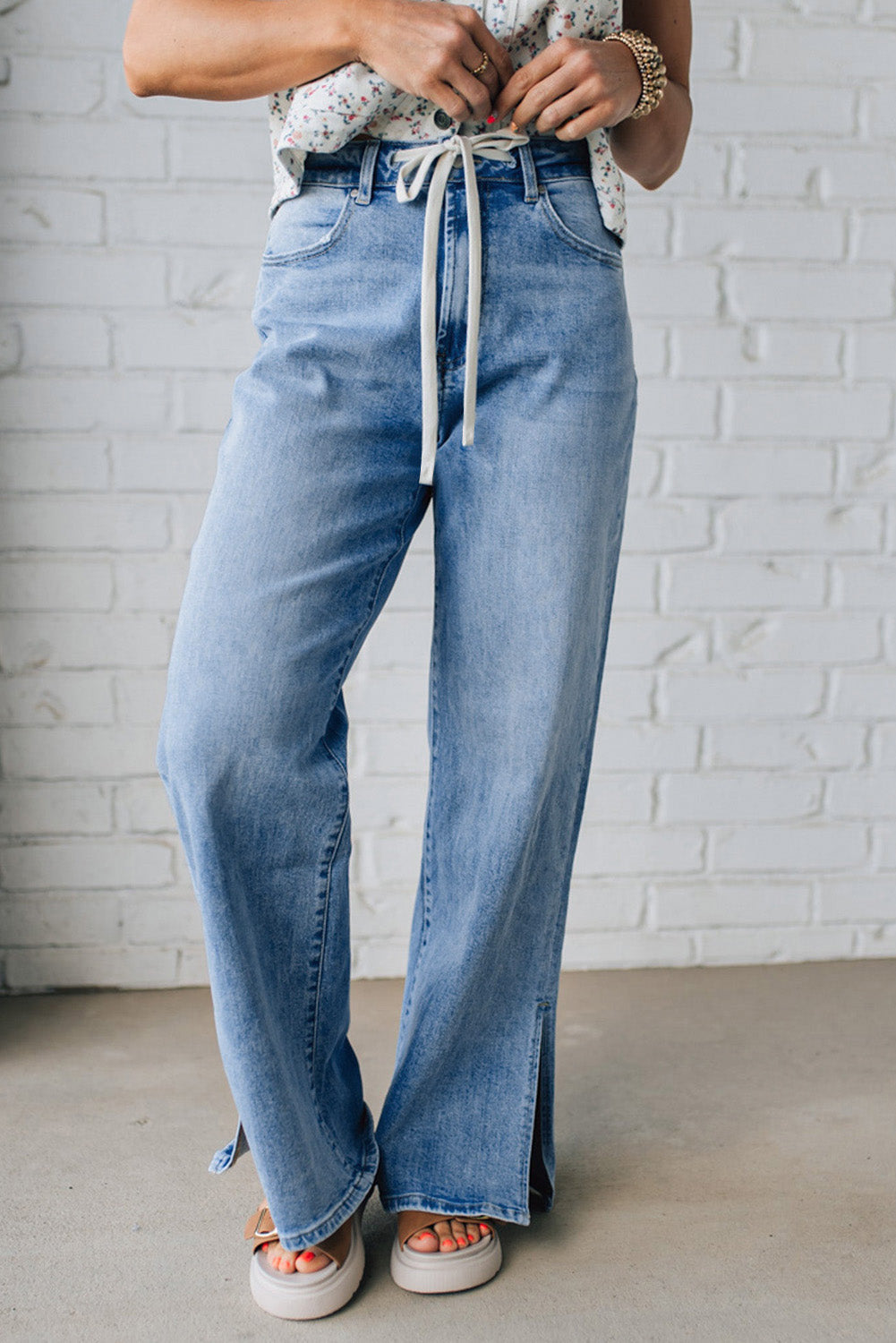 Slit Leg High Rise Drawstring Casual Jeans - eAura