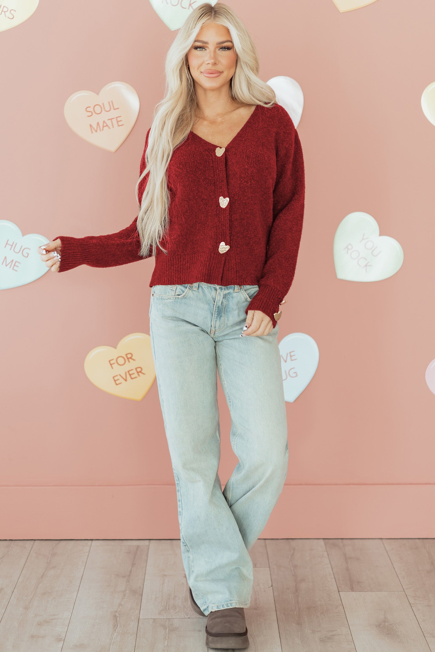 Heart Metal Button V-Neck Cardigan