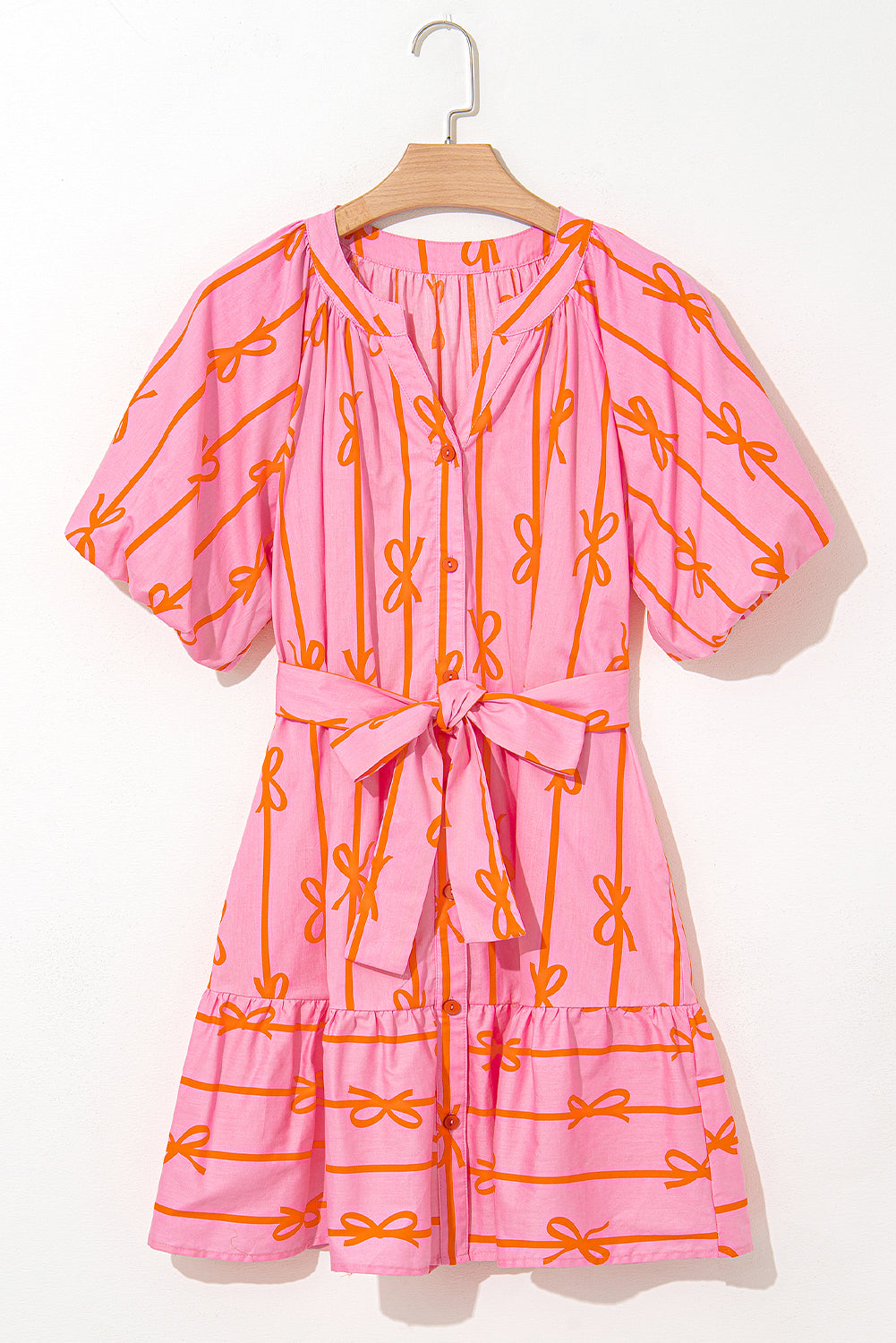 Pink Bowknot Striped Printed Bubble Sleeve Buttoned Belted Mini Dress eAura