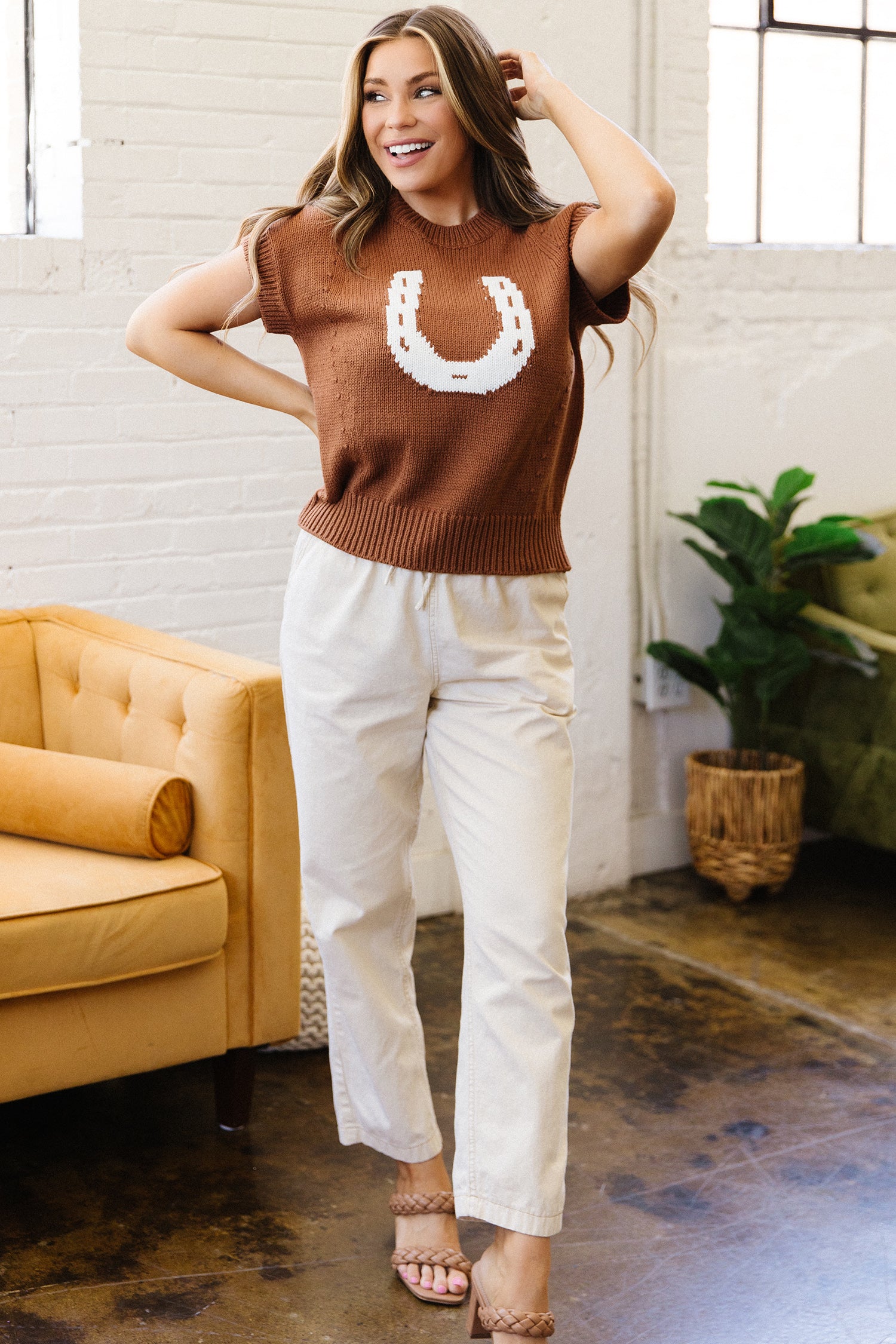 Chestnut Western Horseshoe Pattern Short Sleeve Knit Sweater – Brown