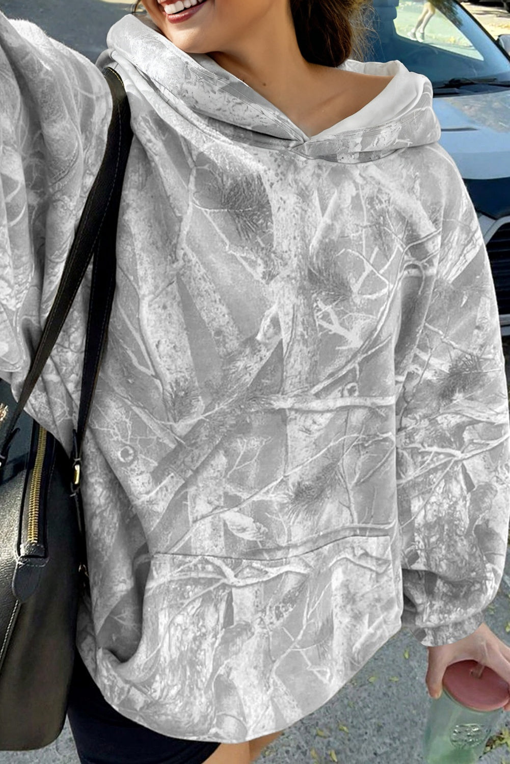 Grey Camouflage Woodland Print Oversized Sporty Hoodie - eAura