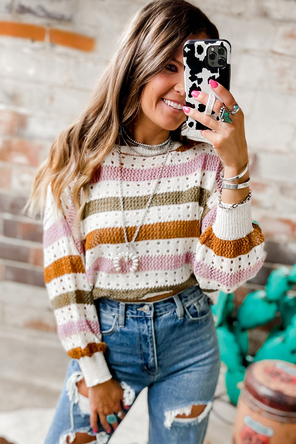 MultiColour Striped Hollowed Knitted Loose Sweater eAura
