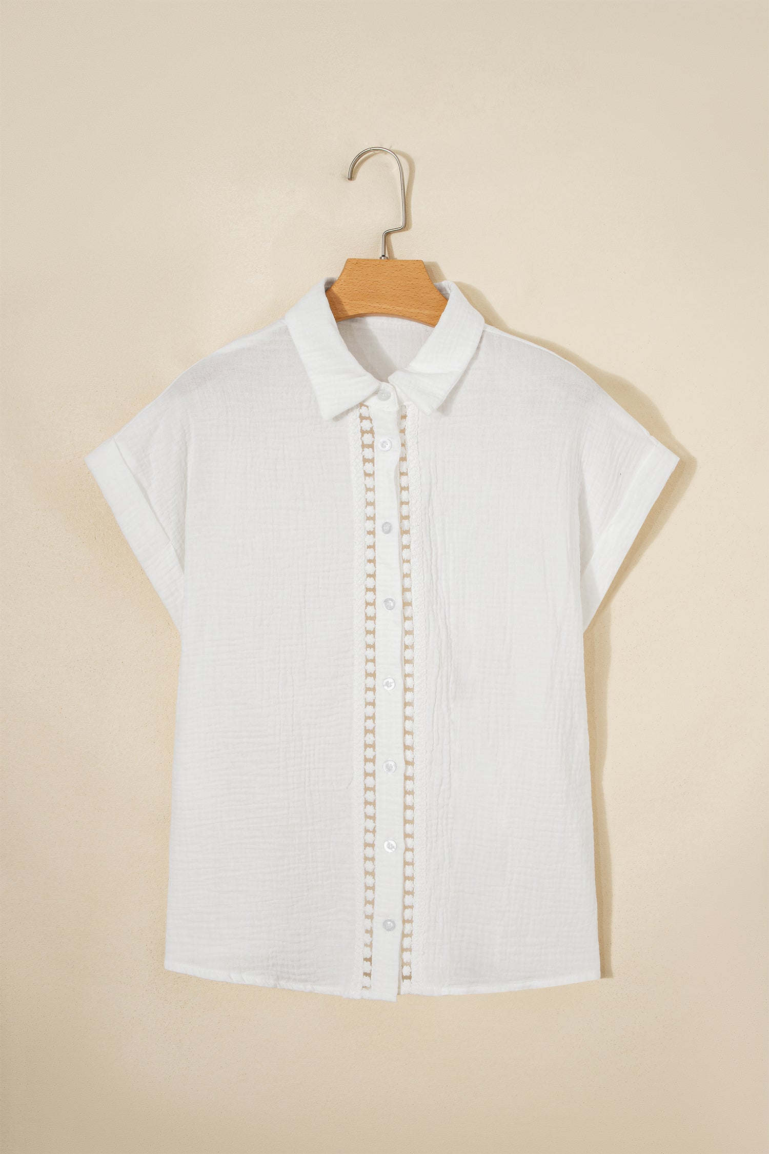 Lace Trim Cuffed Short Sleeve Textured Shirt