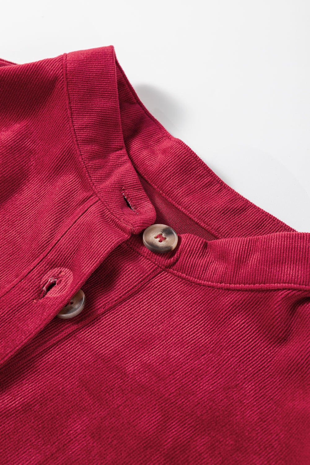 Burgundy Corduroy Ruffle Tiered Buttoned O Neck Shirt eAura