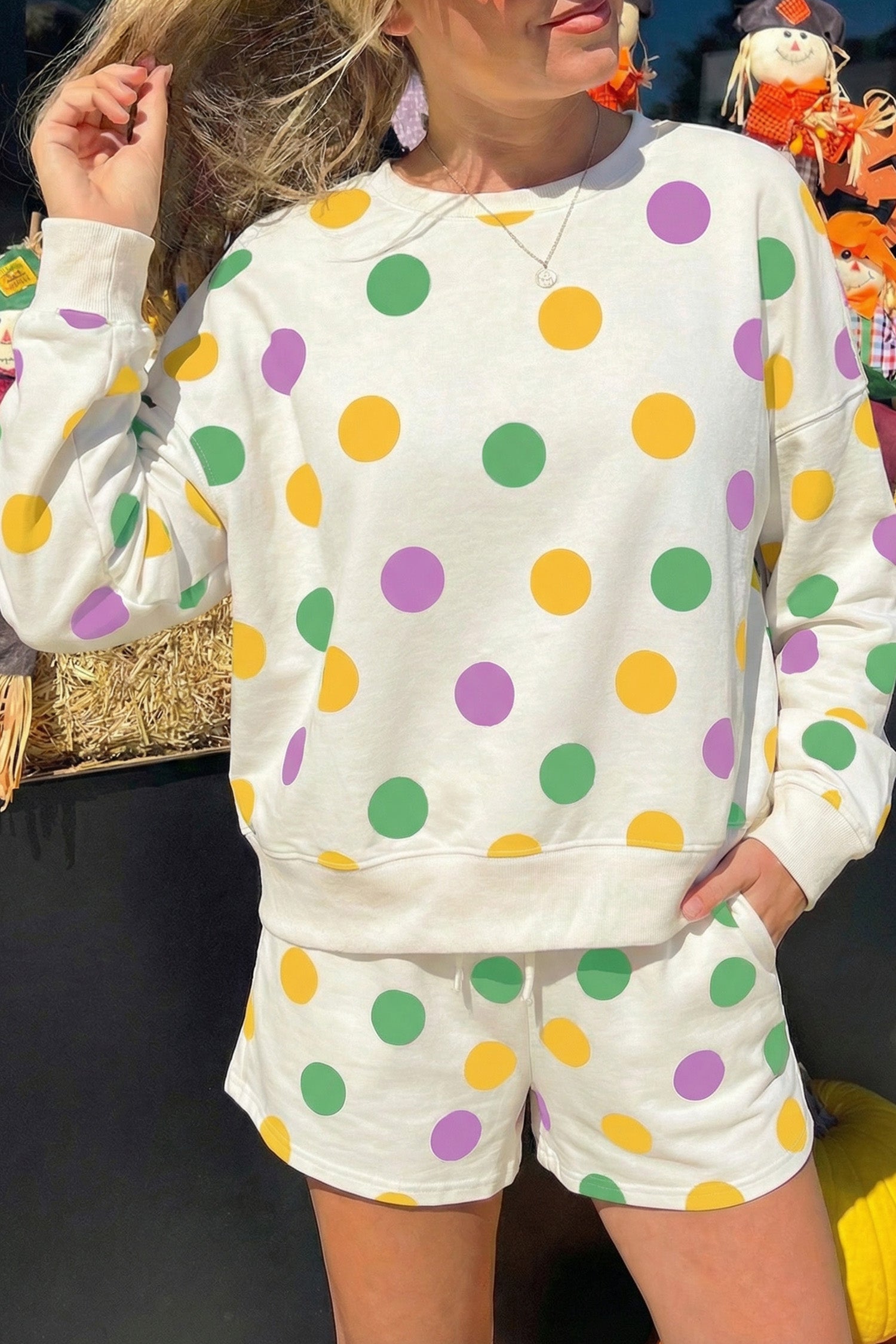 Polka Dot Print Drop Shoulder Pullover Drawstring Shorts Set