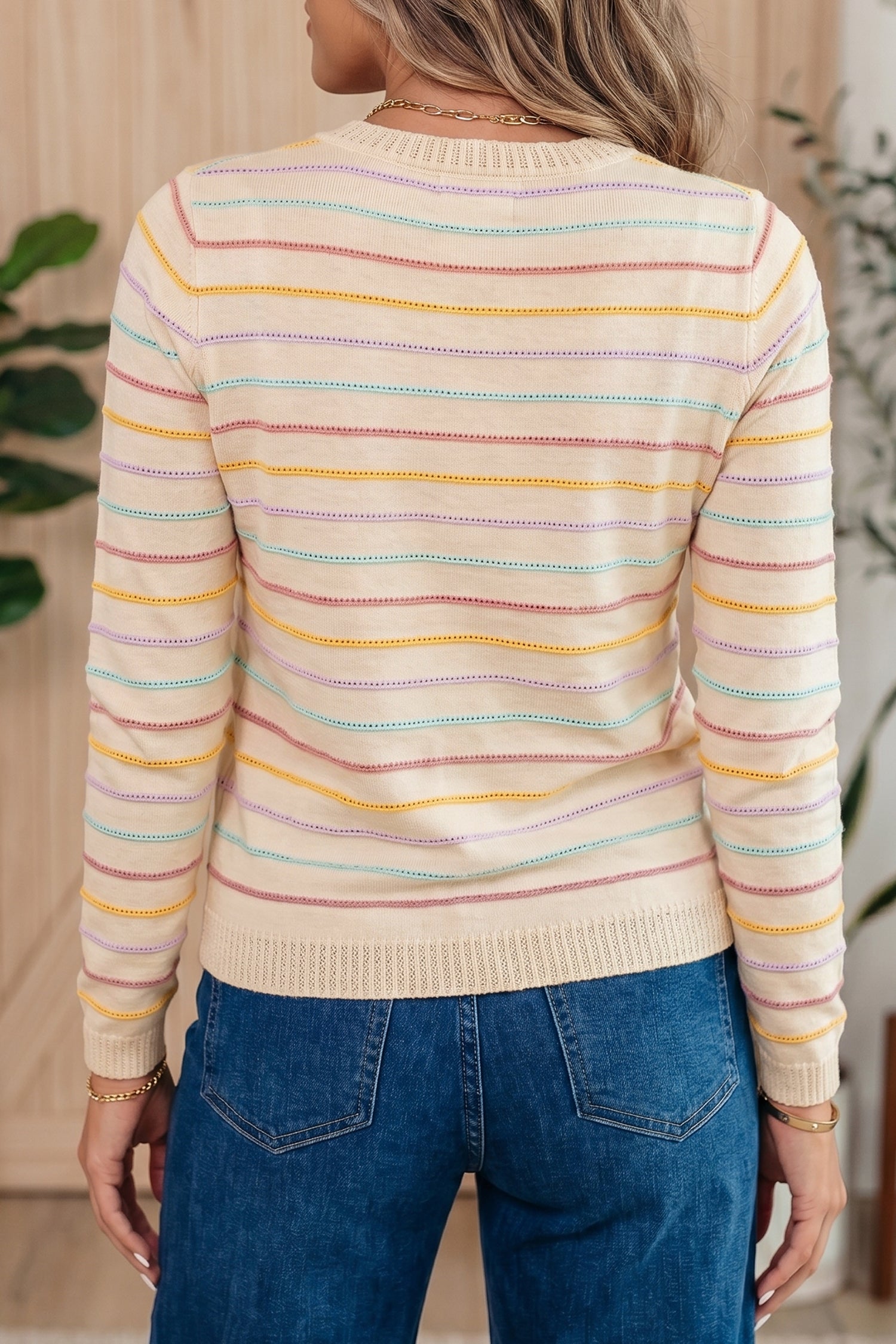 Colorful Stripes Crew Neck Knit Sweater – Beige Stripe