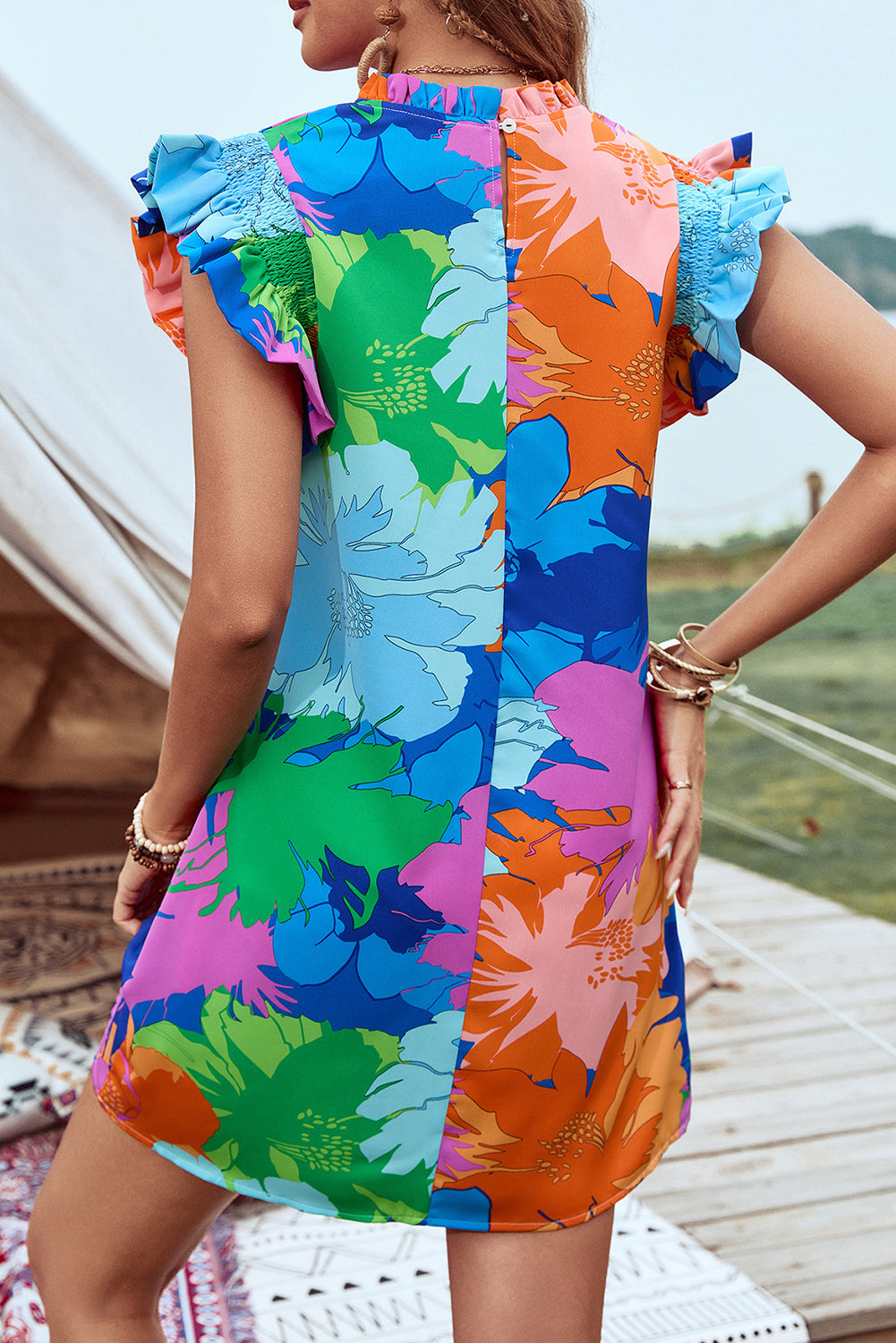 Blue Bold Floral Flutter Sleeve Shift Mini Dress with Pockets eAura