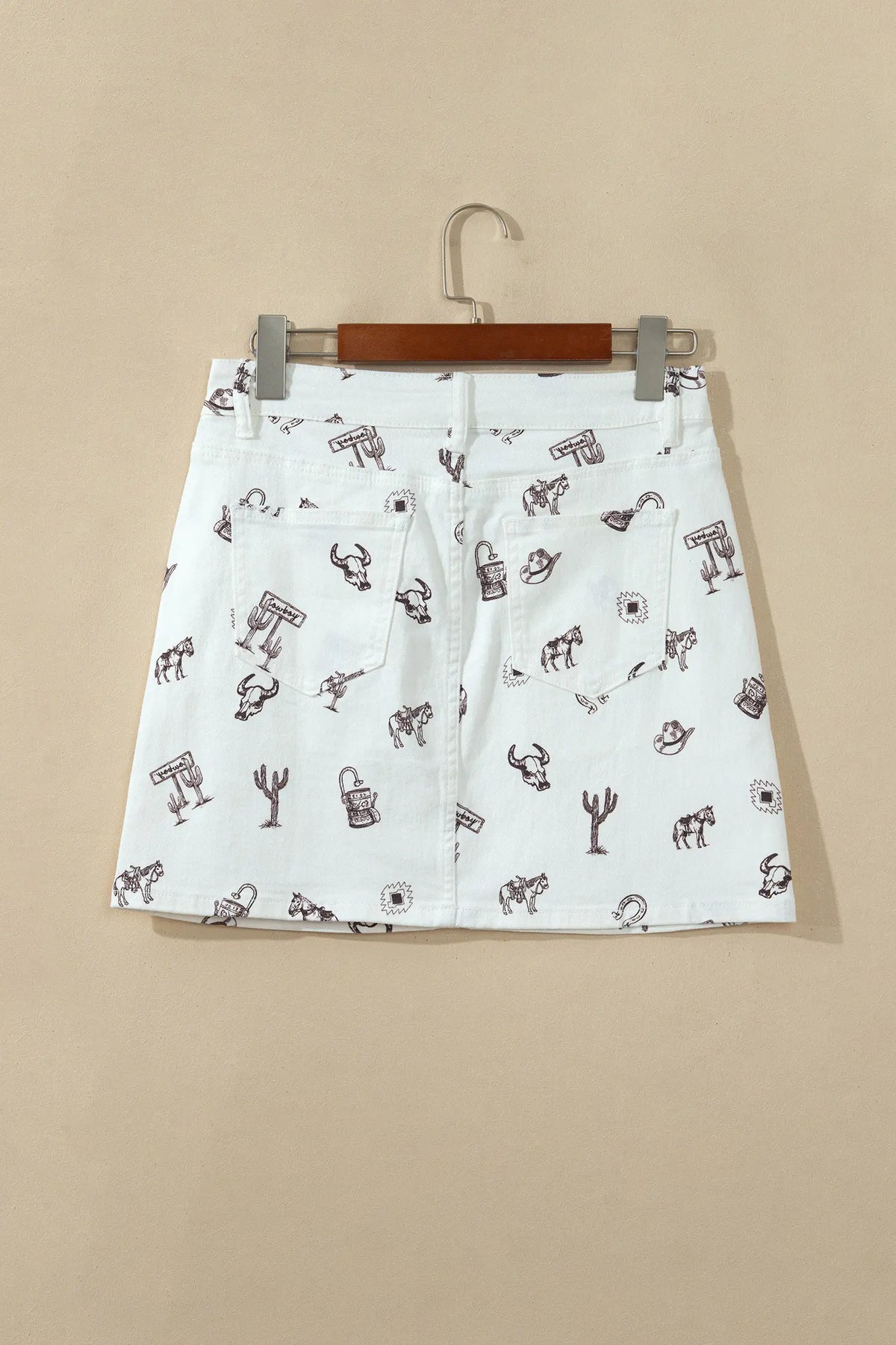 Western Print Cactus Horse Bull Denim Skirt – White