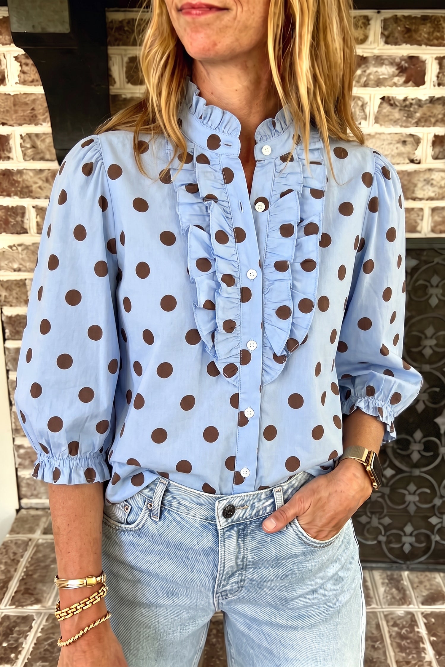 Polka Dot Striped Print Ruffle Stand Neck 3/4 Sleeve Shift Shirt – Fiery Red