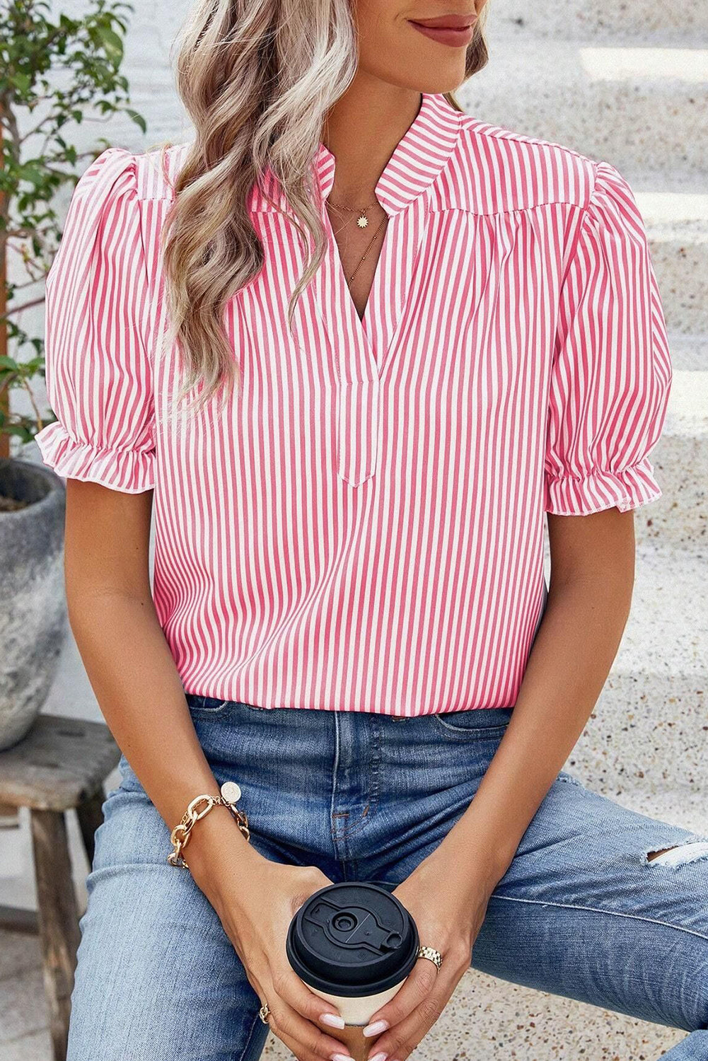 Pink Stripe Notched Neck Frilled Short Puff Sleeve Blouse eAura