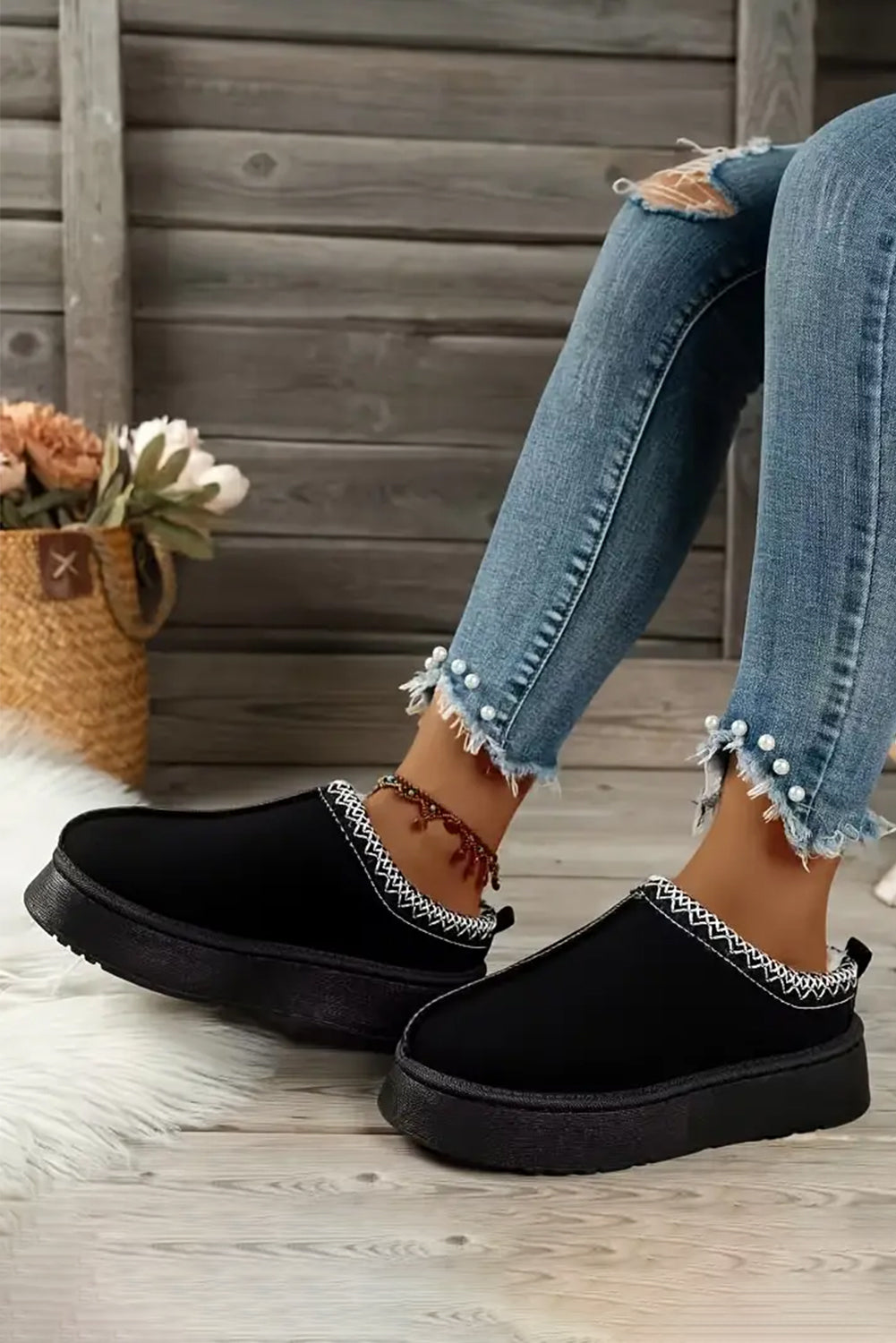 Black Contrast Print Suede Plush Lined Snow Boots BB Fashion Outlet