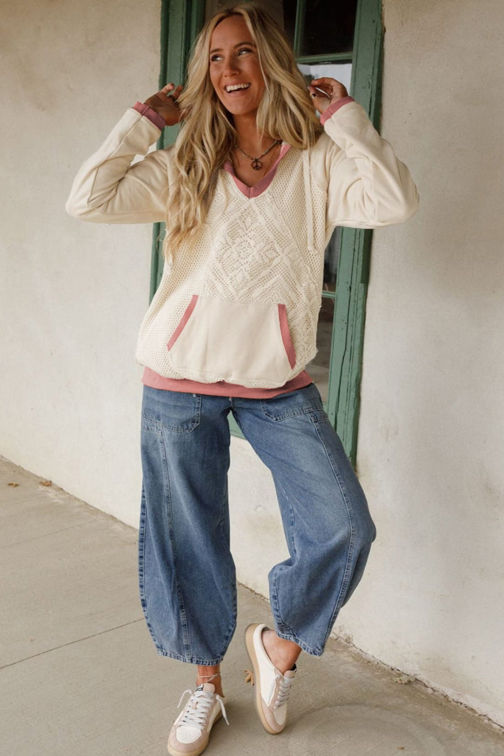 Contrast Trim Crochet Knit Exposed Seam Hoodie - eAura
