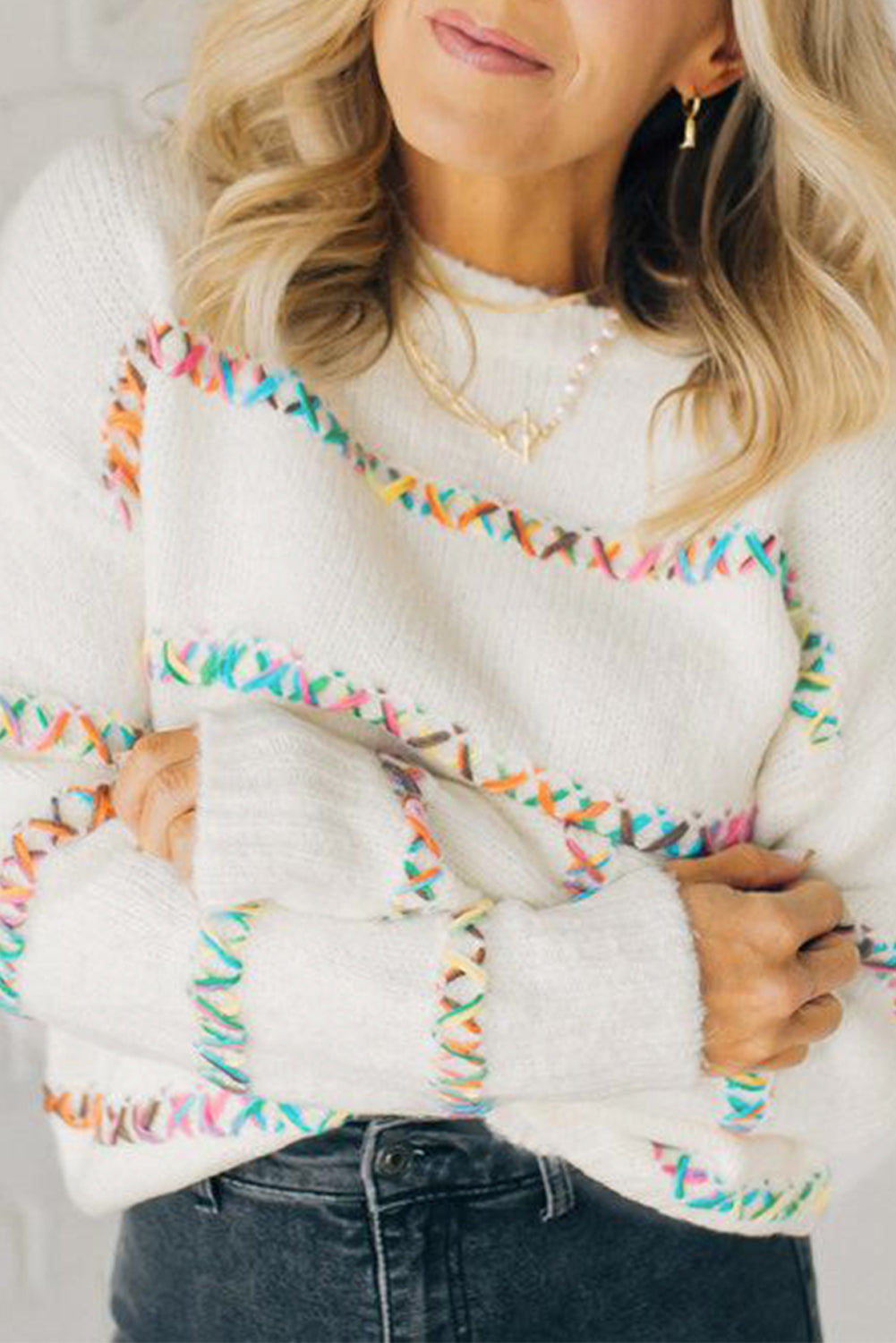 White Colourful Crossed Stitch Drop Shoulder Sweater eAura