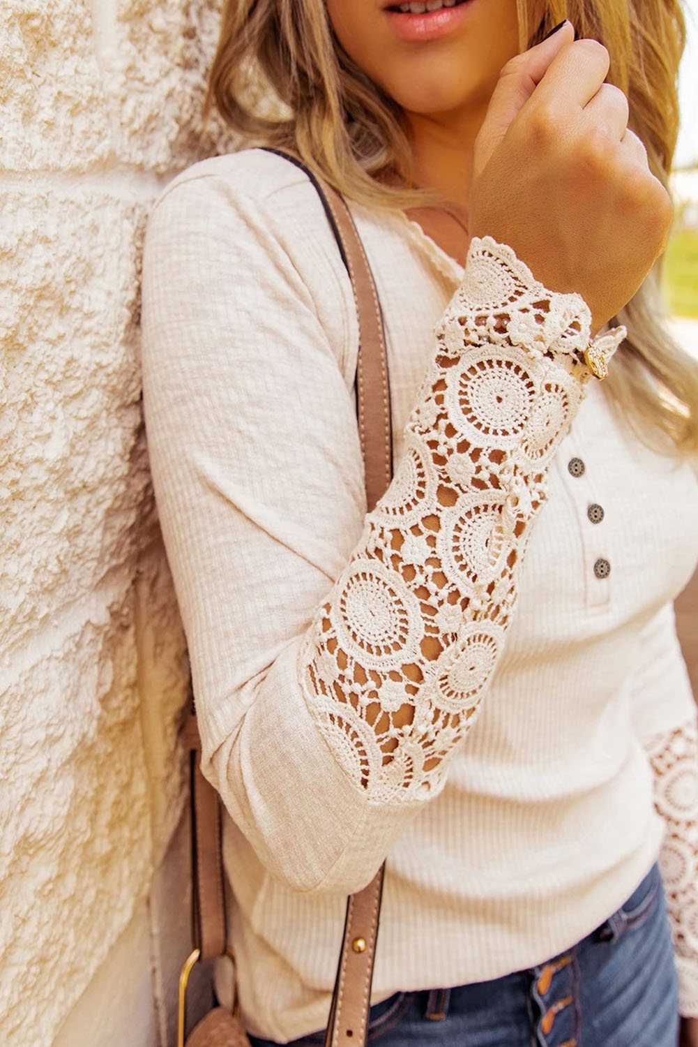 Beige Crochet Lace Hem Sleeve Button Top - eAura