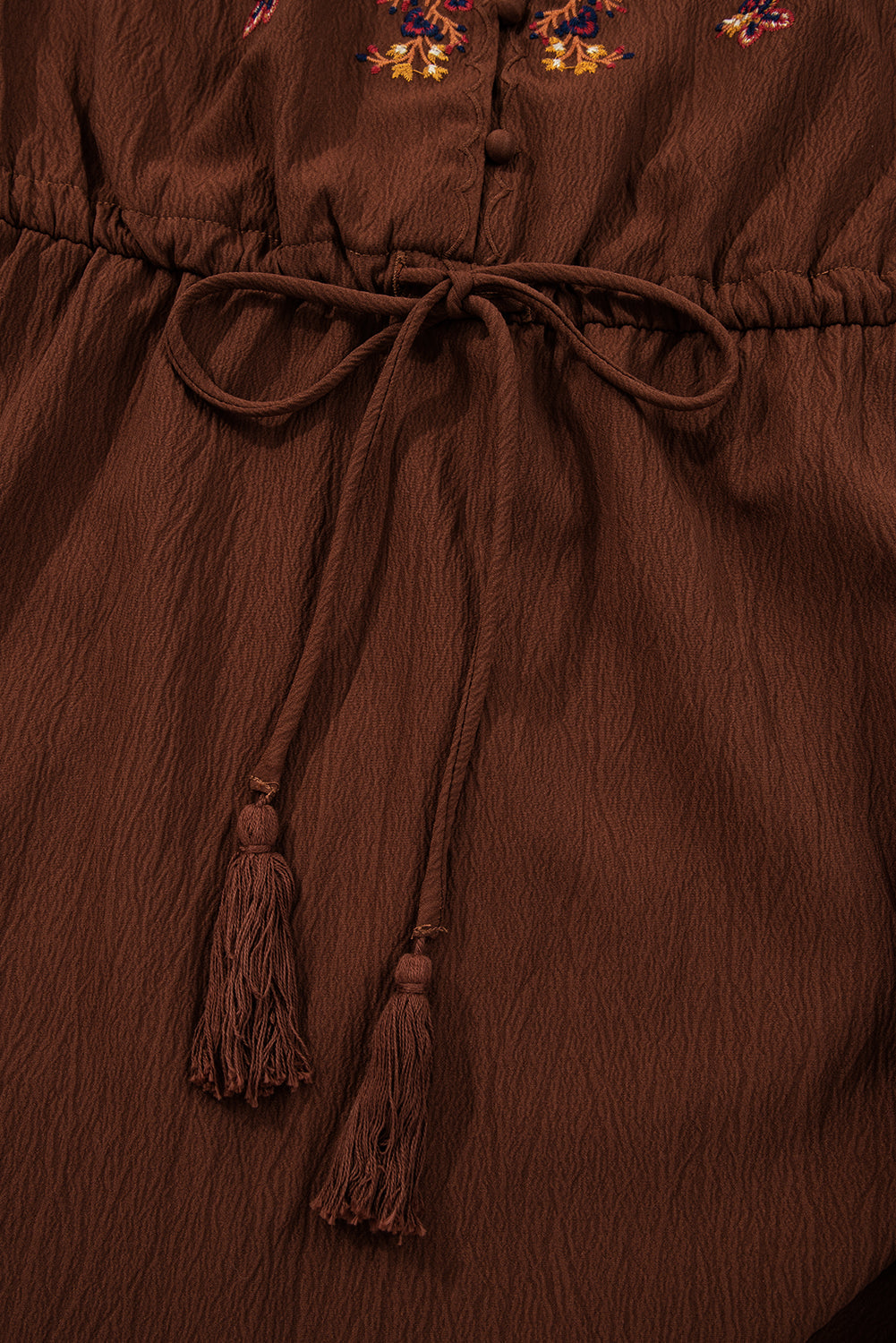 Embroidered Tassel Tie Waist Long Sleeve Mini Dress - eAura