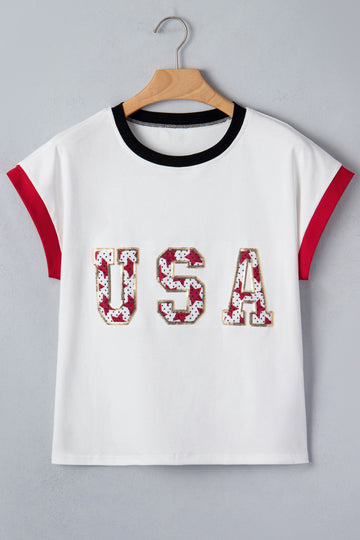 USA Sequin Colour Block Loose T-Shirt