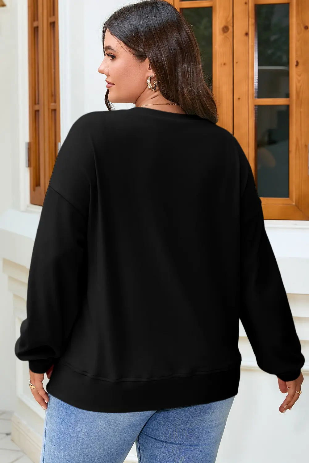 Solid Button Placket Crew Neck Plus Size Sweatshirt