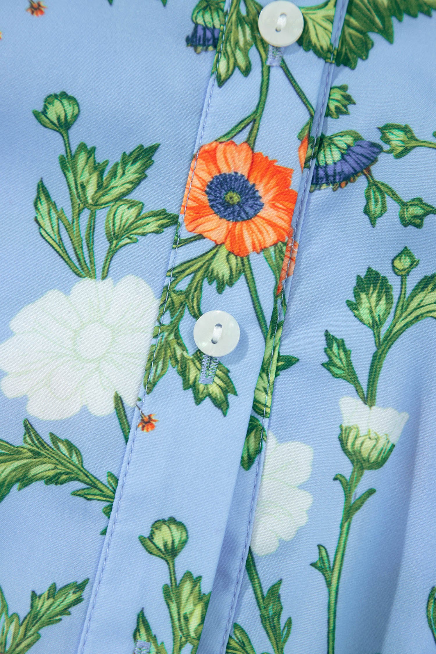 Sky Blue Floral Print Bracelet Sleeve Button Down Casual Shirt – Light Blue
