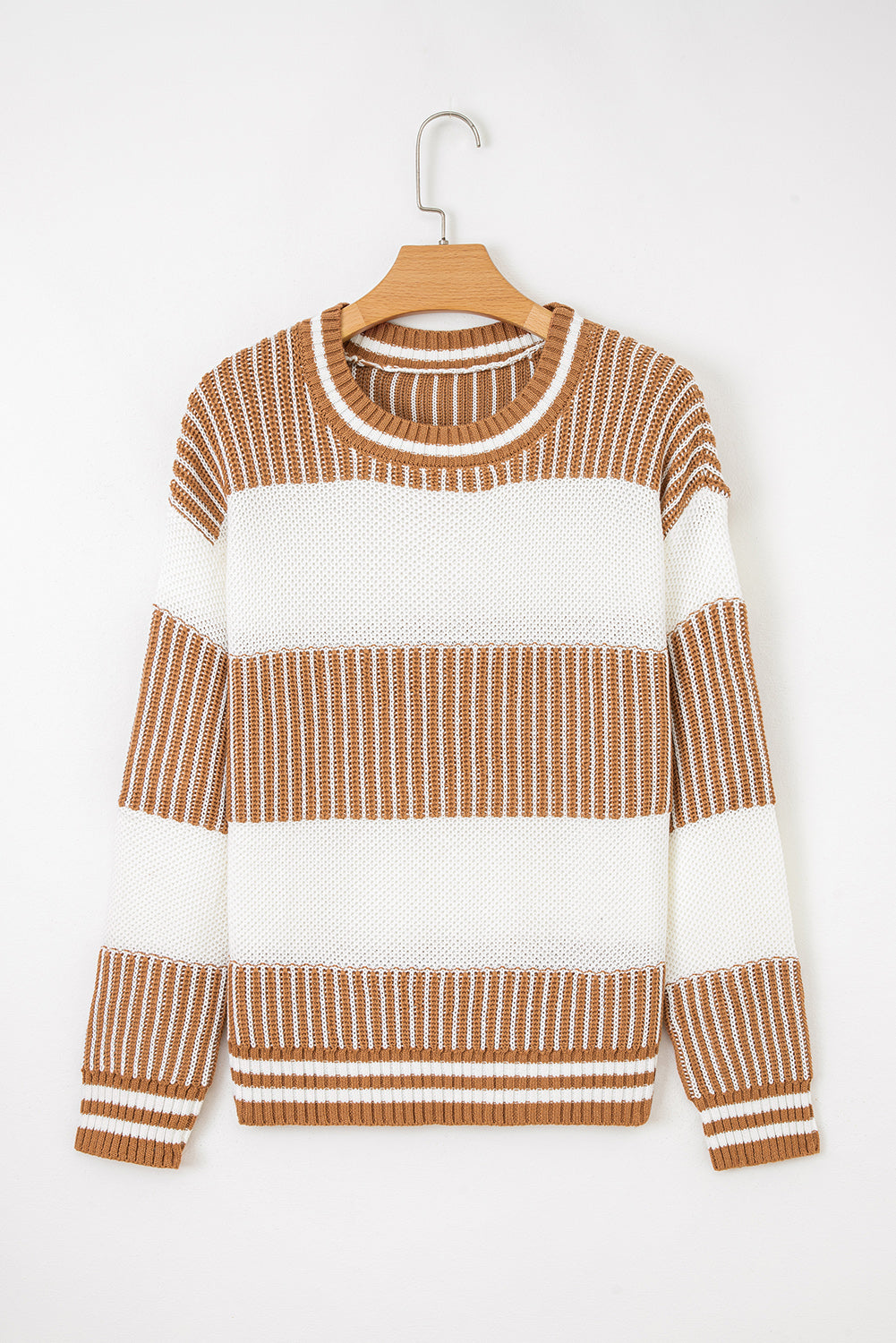 Two Tone Striped Patchwork Drop Shoulder Oversized Sweater - eAura