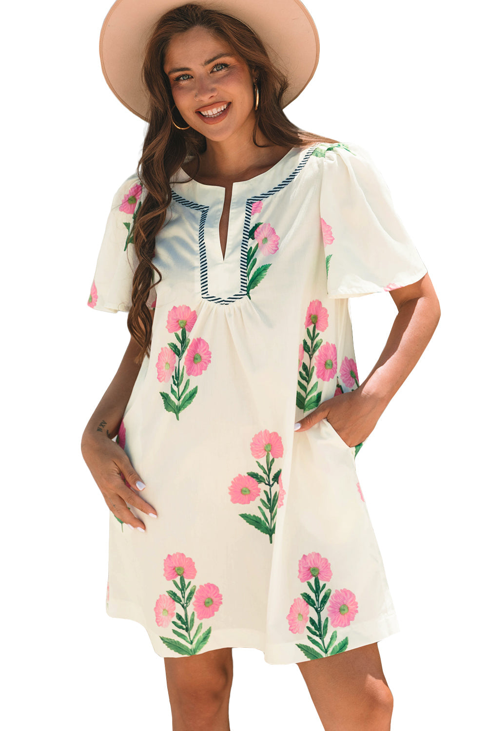 Floral Short Sleeve Split Neck Loose Mini Dress eAura