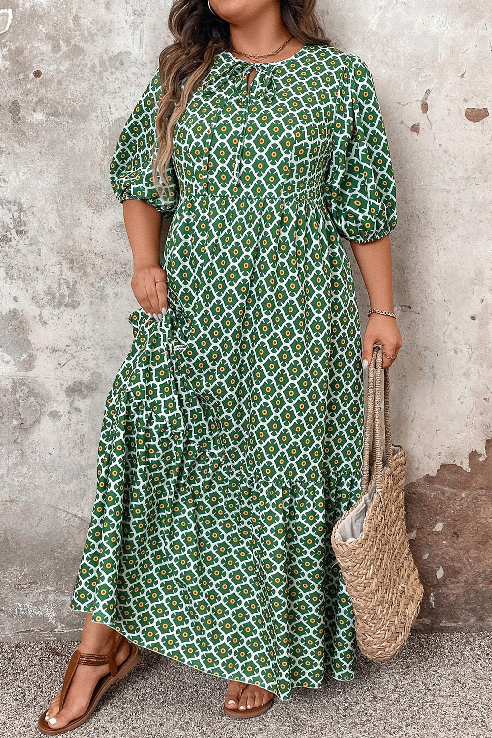 Green Geometric Floral Print Half Sleeve Plus Size Maxi Dress BB Fashion Outlet