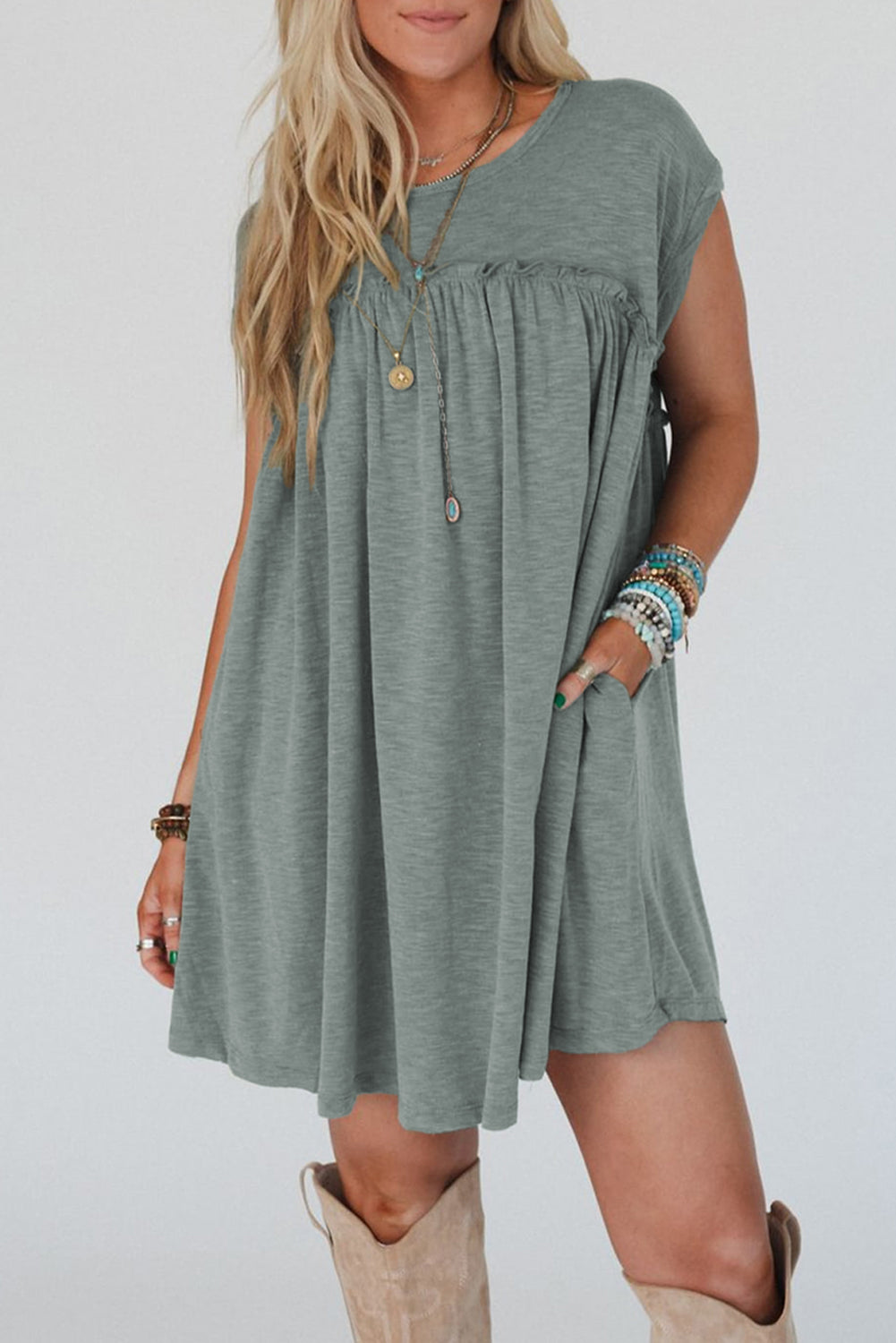 Mist Green Frilled Gathered Seam Round Neck T Shirt Dress eAura