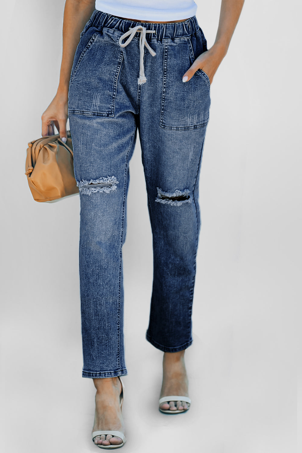 Distressed Pocketed Denim Jogger – Blue