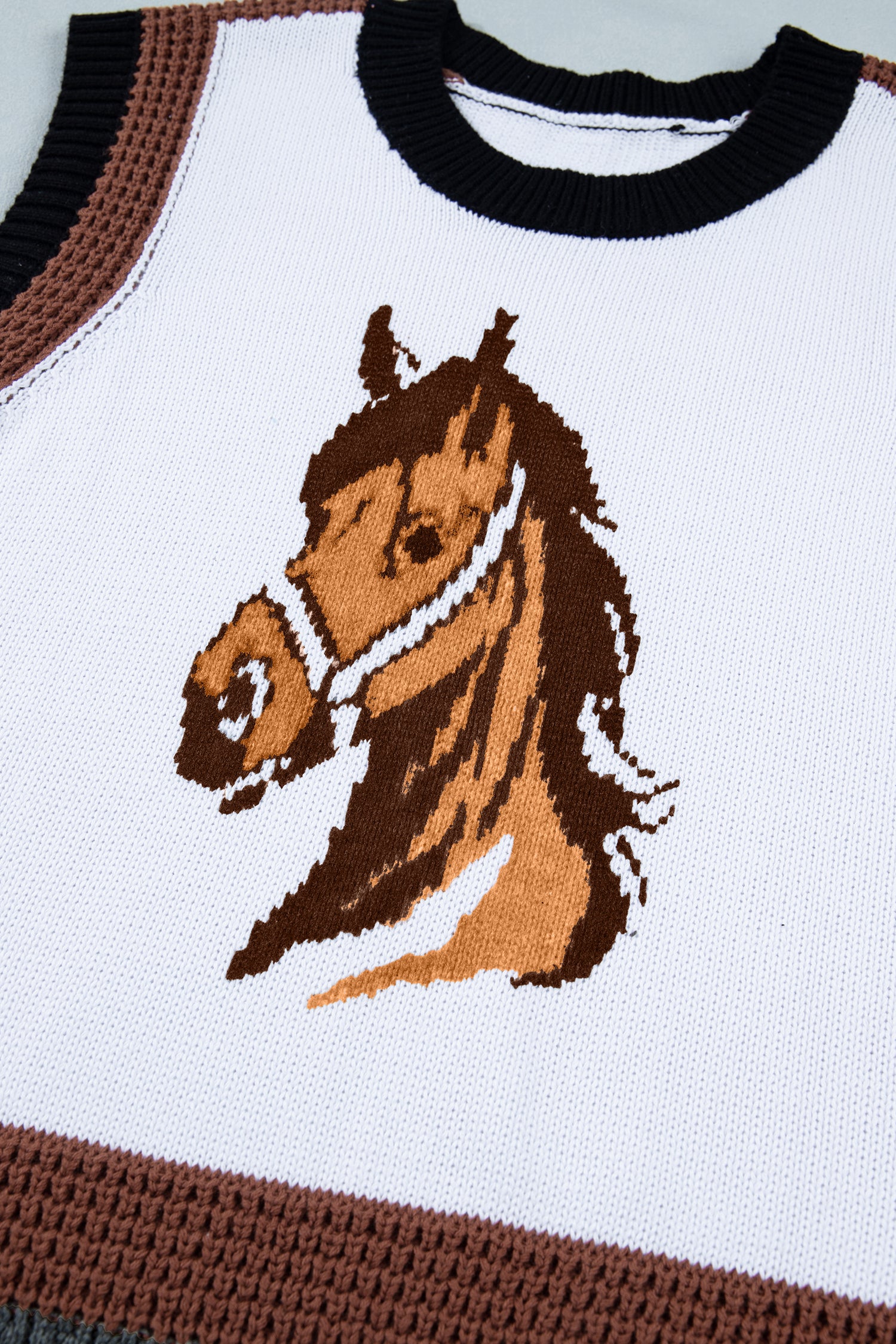 White Western Horse Head Colour Block Trim Sweater Vest