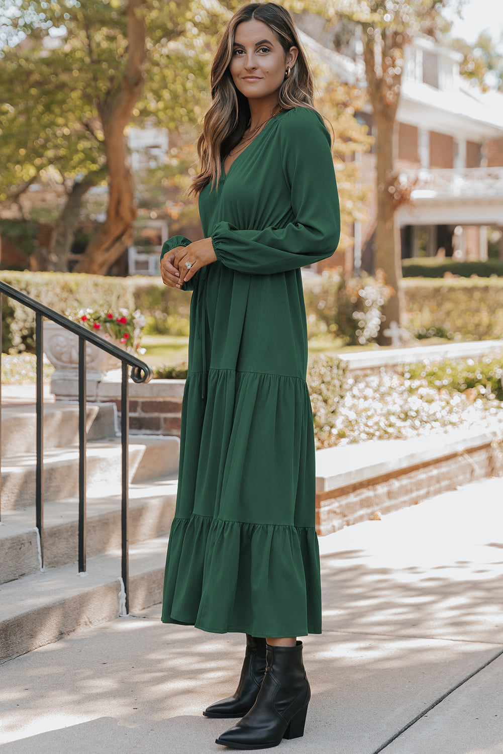Long Sleeve Button V-Neck Tiered Maxi Dress - eAura