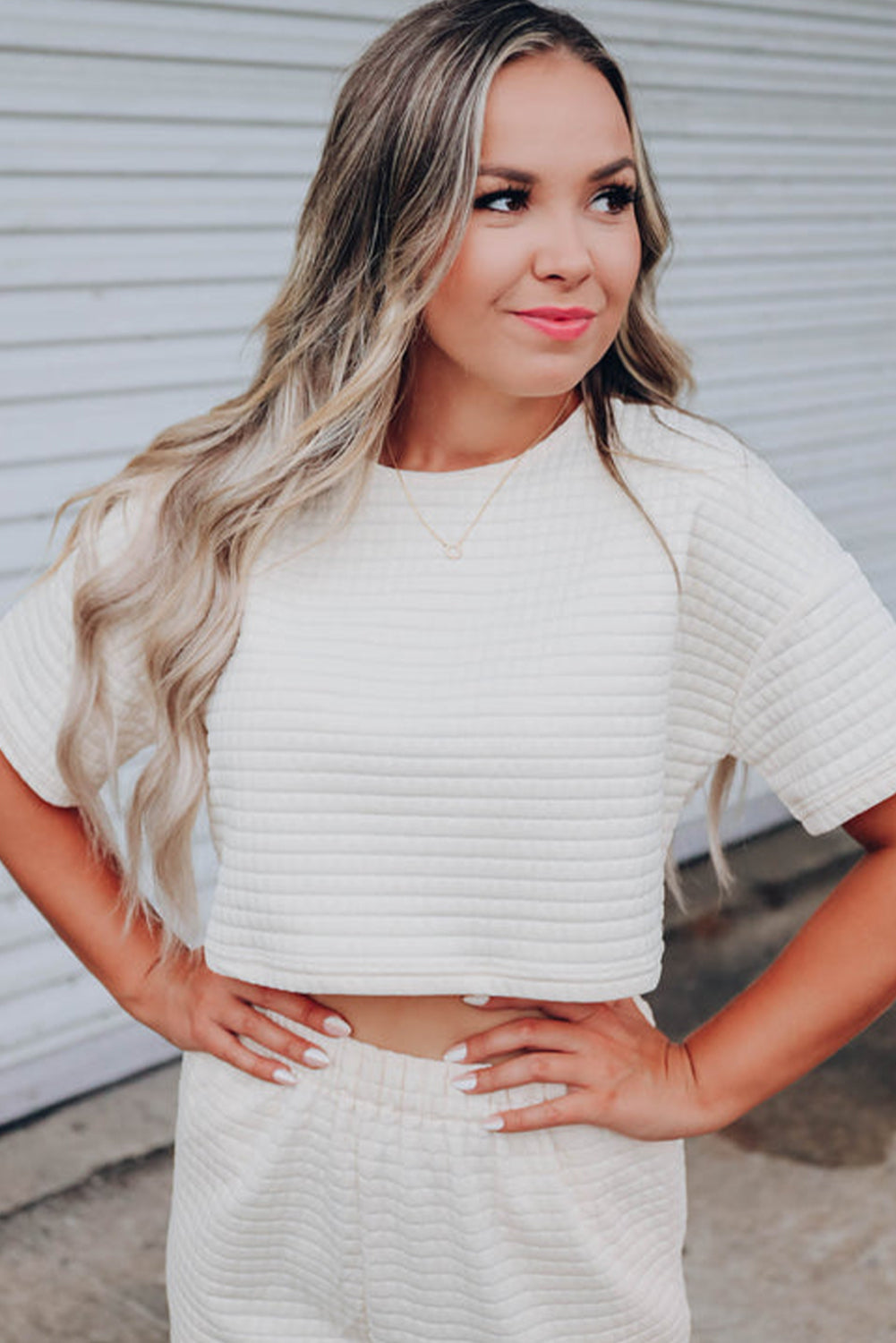 White Lattice Textured Cropped Tee and Jogger Pants Set BB Fashion Outlet