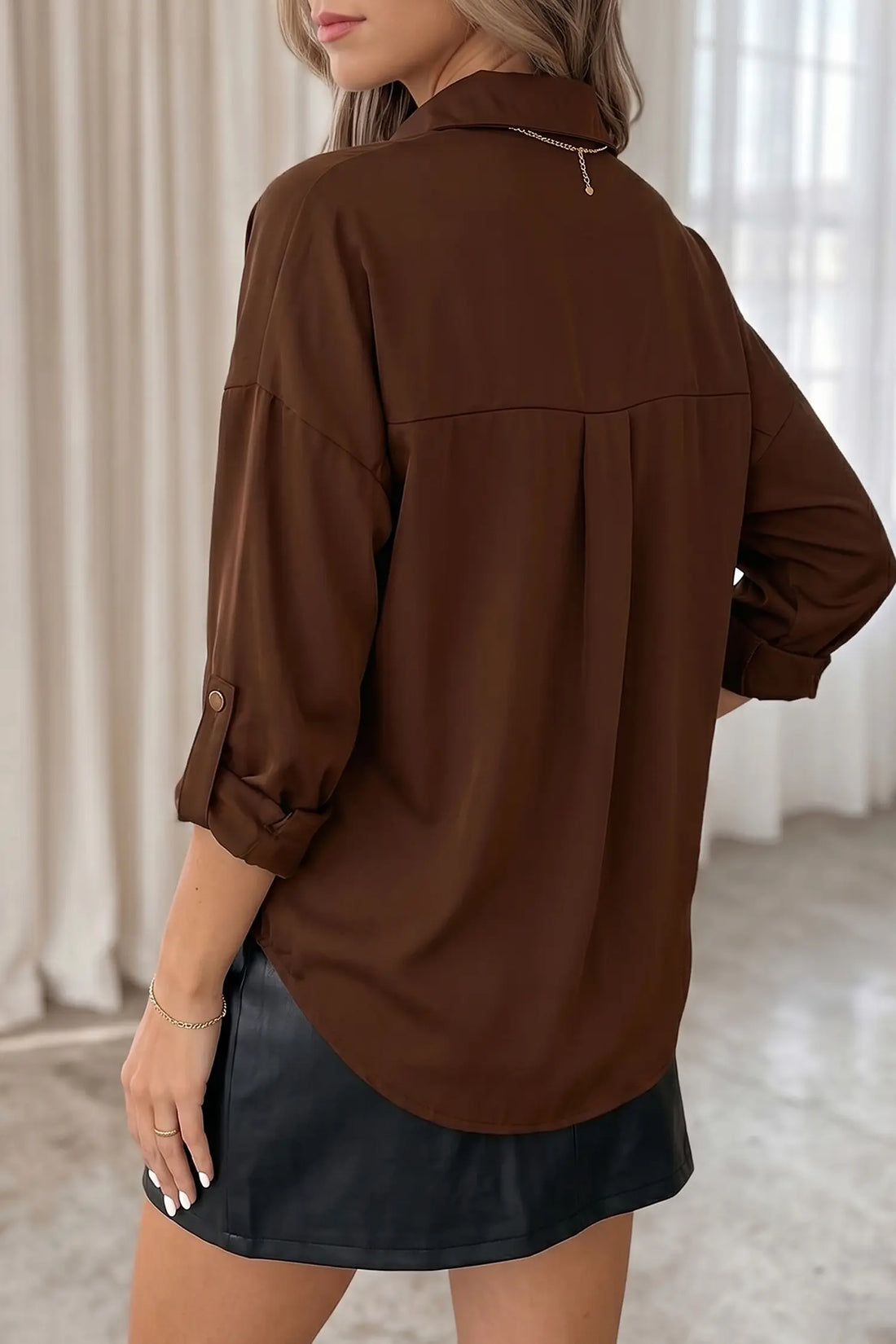Coffee Multi Button Decoration Tab Long Sleeve Casual Shirt – Brown