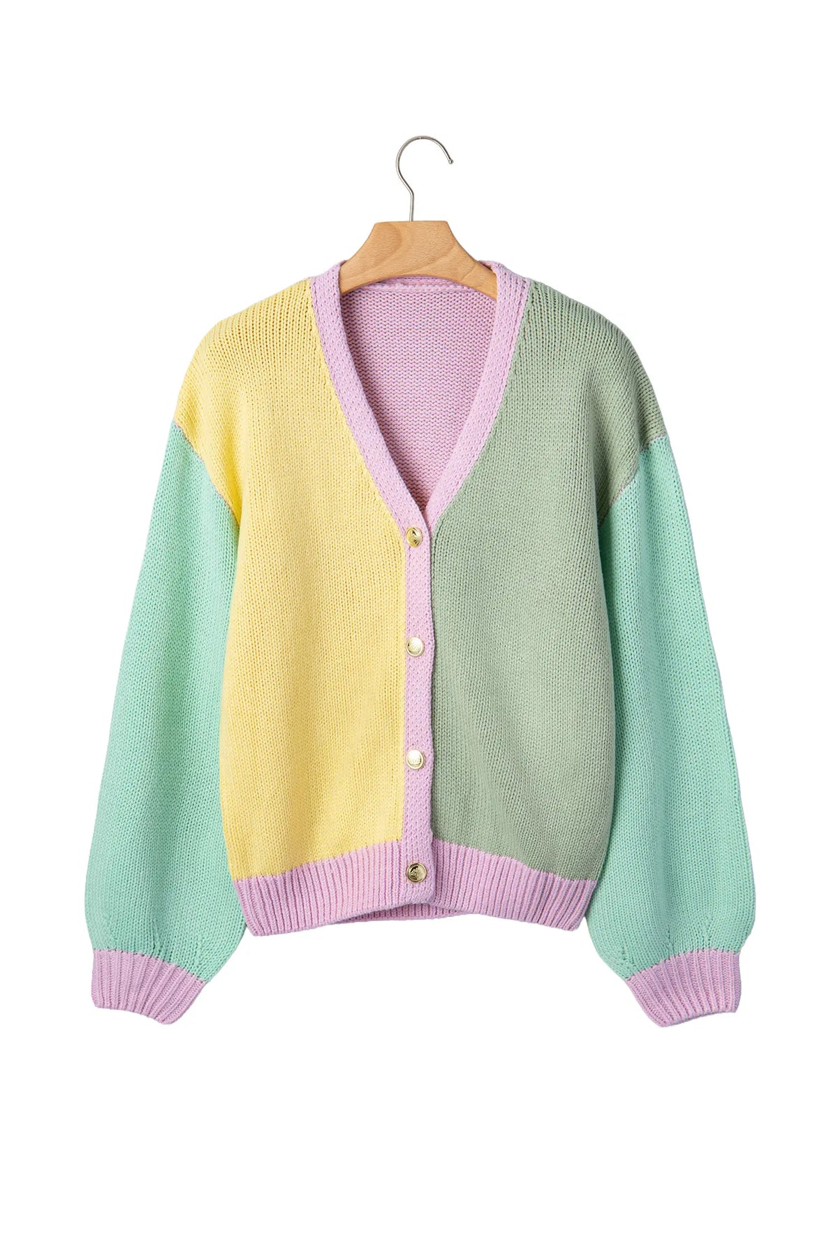 V Neck Drop Shoulder Patchwork Knitwear Cardigan – Yellow
