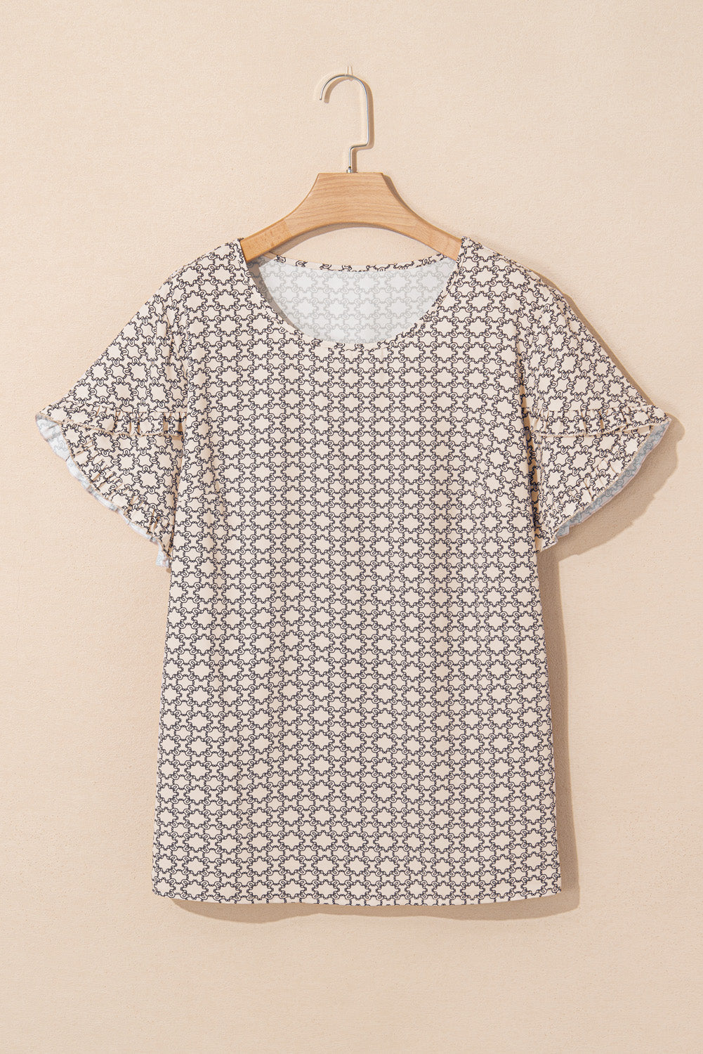 Khaki Plus Size Geometric Print Ruffled Sleeve Blouse BB Fashion Outlet