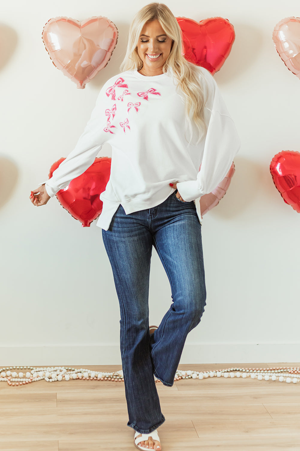 White Sequin Bowknot High Low Oversize Sweatshirt eAura