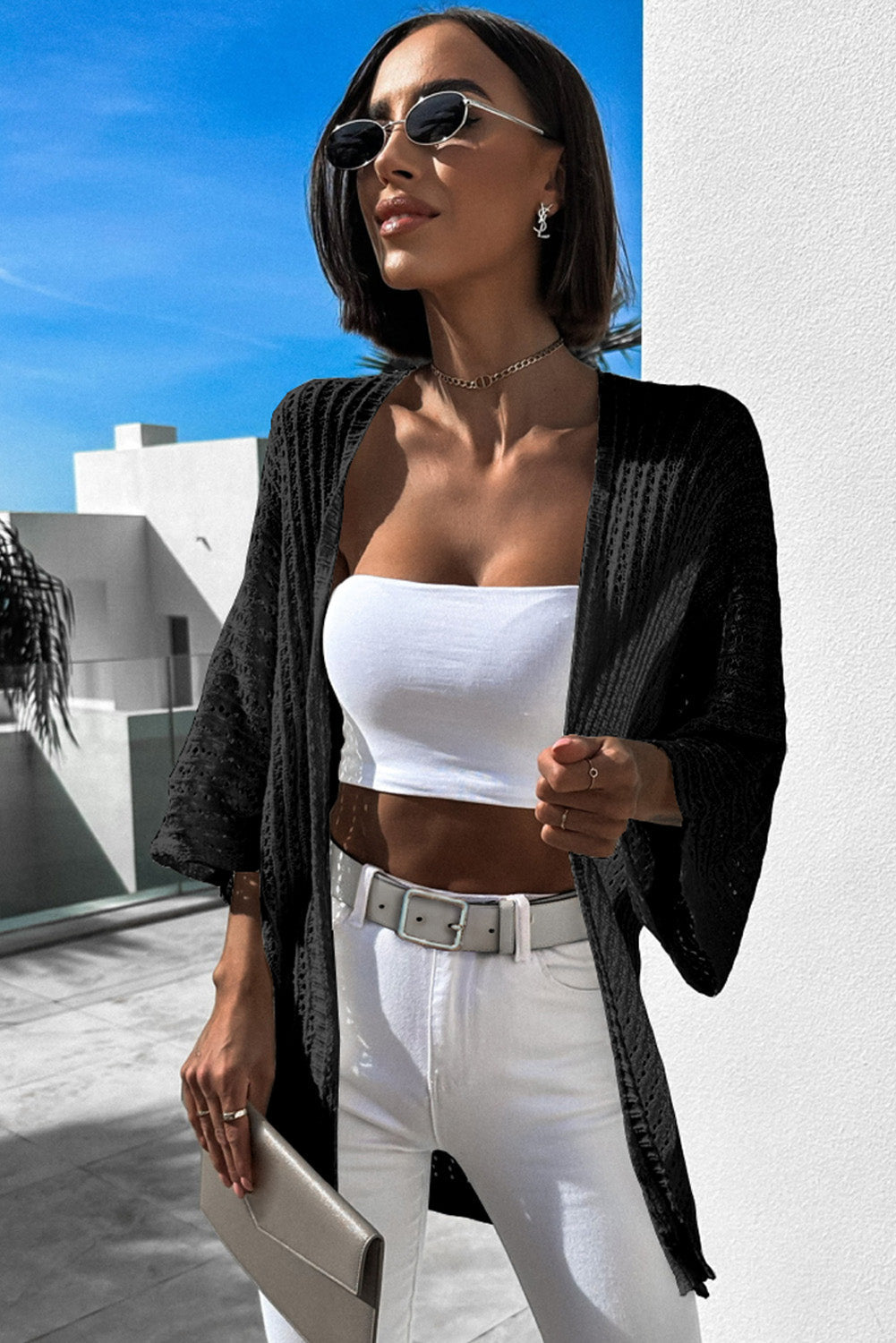 Black Hollow-out Bracelet Sleeve Knit Cardigan eAura