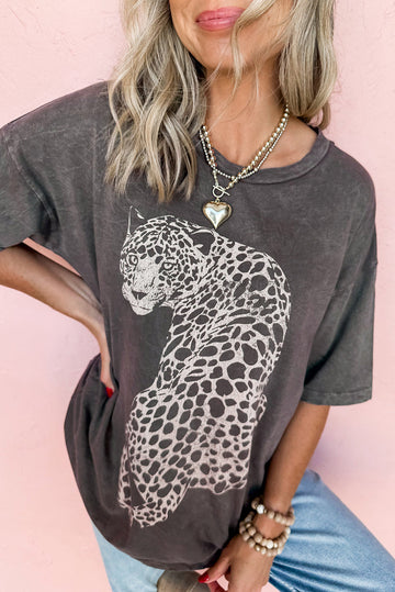 Medium Grey Vintage Cheetah Printed Mineral Wash Graphic Tee eAura