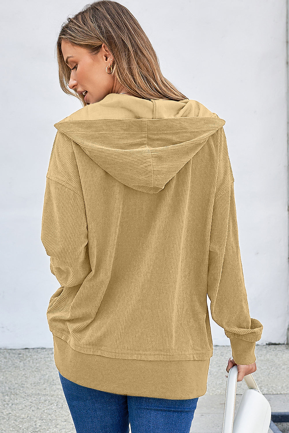 Simply Taupe Solid Ribbed Knit Buttoned Drop Shoulder Oversized Hoodie eAura