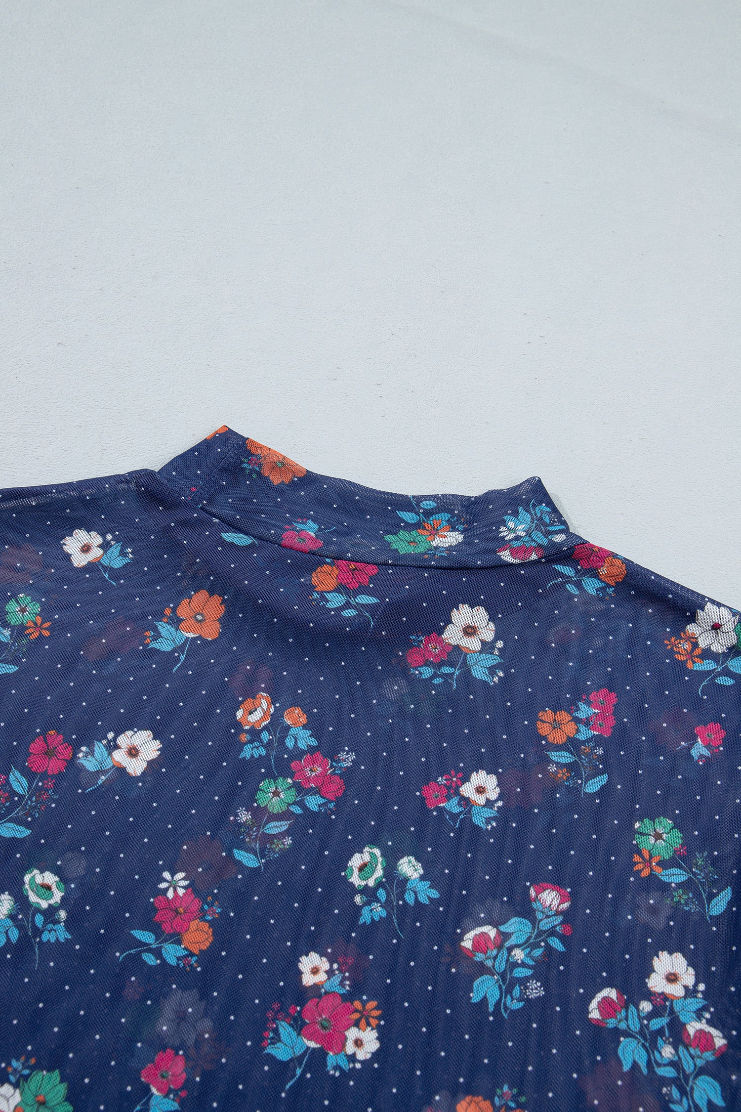 Polka Dot Floral Mesh Long Sleeve High Neck Pullover Sheath Top – Blue