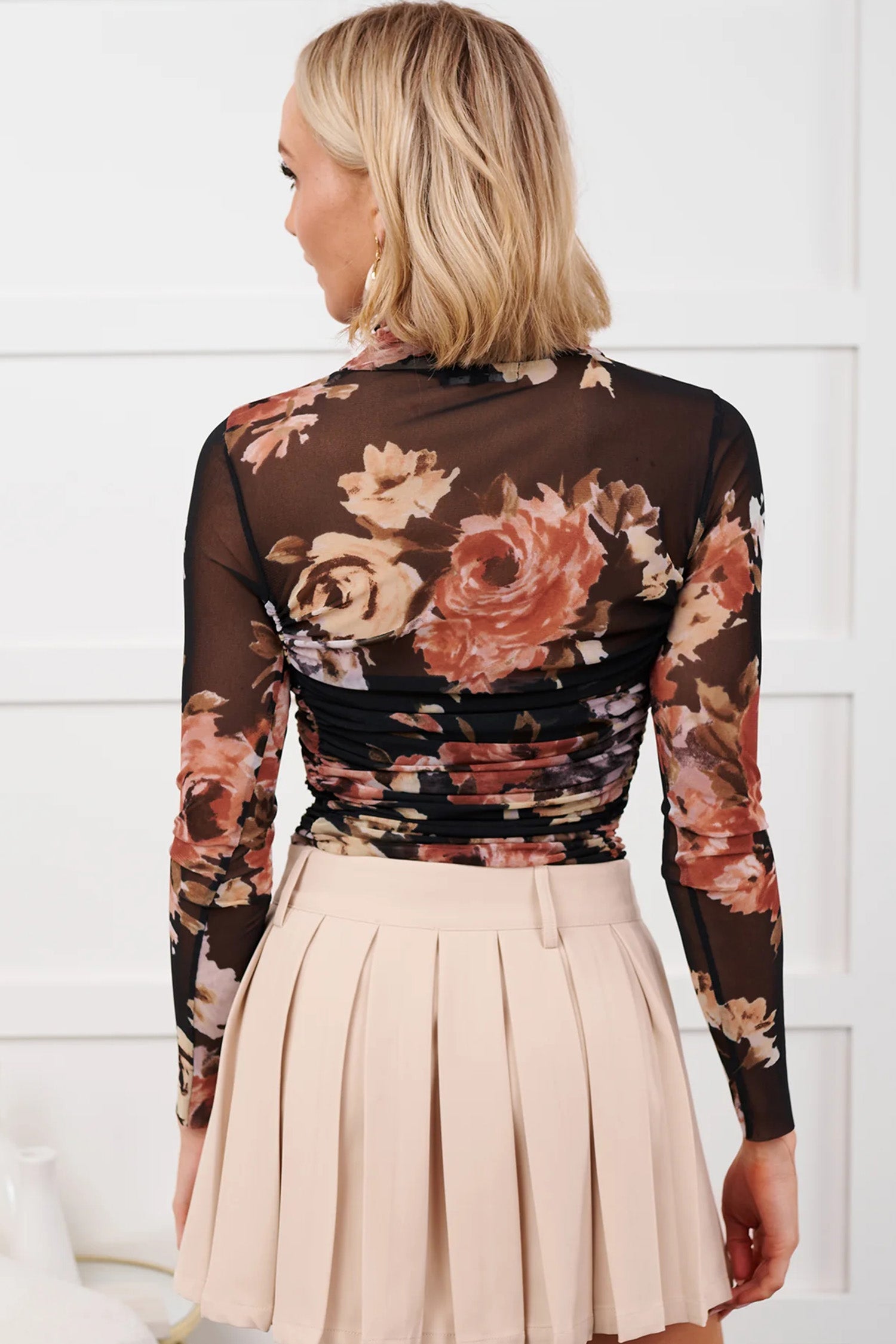 Floral Mesh Long Sleeve High Neck Bodysuit – Brown