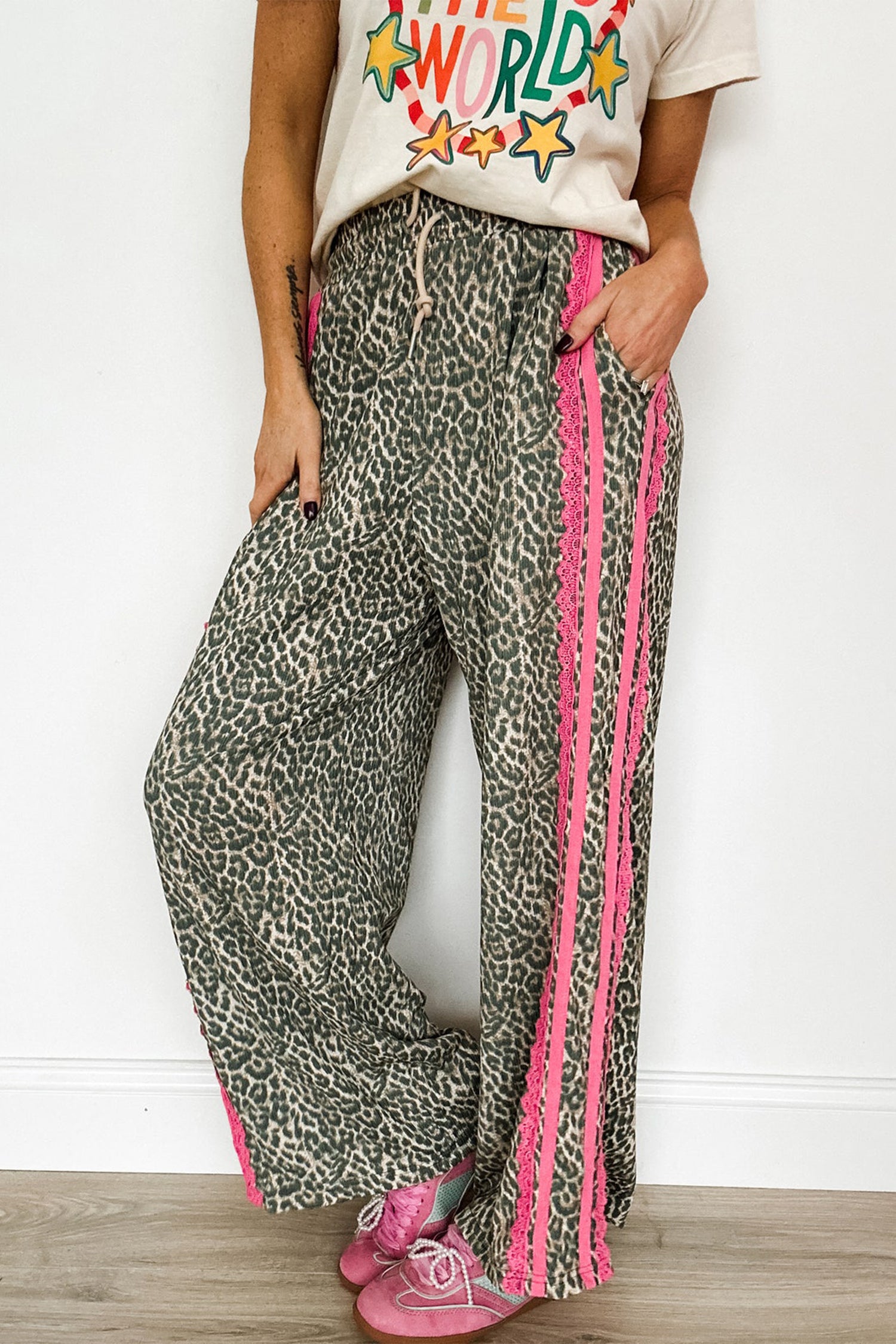 Wild Leopard Print Contrast Lace Striped Detail Drawstring Pants – Brown