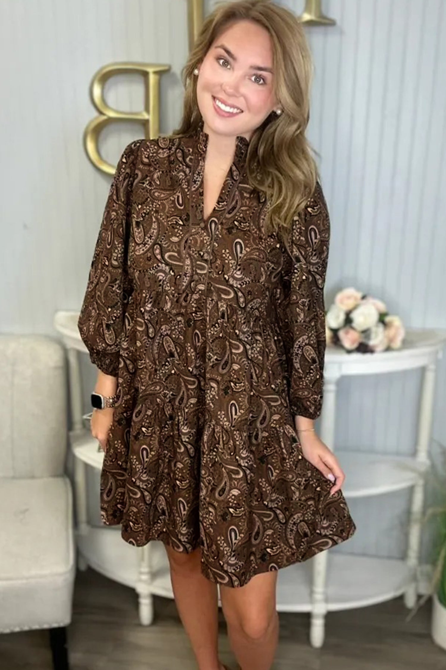 Paisley Print Half Buttons Puff Sleeve Flowy Short Dress - Dresses/Mini Dresses