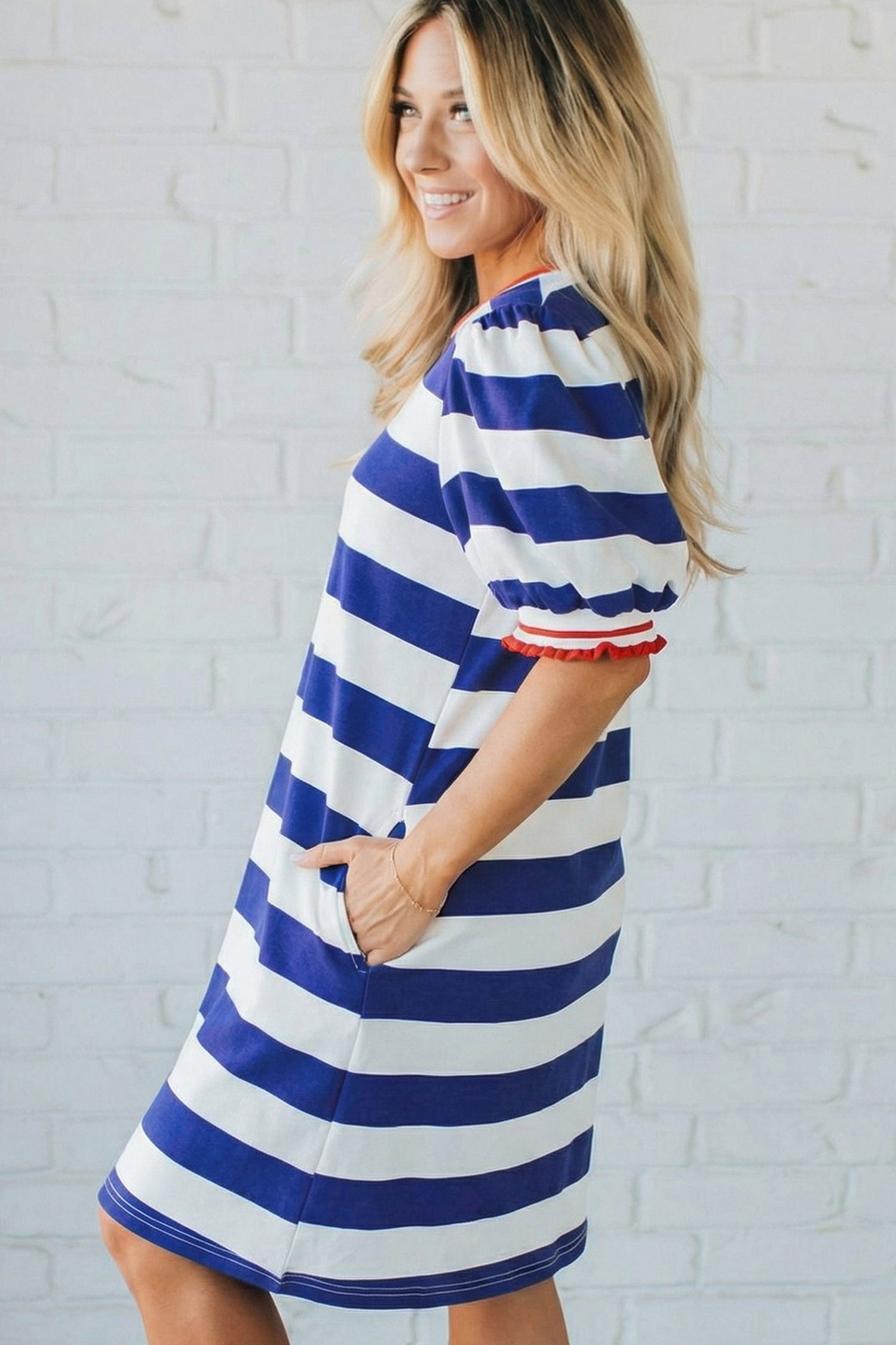 Stripe Contrast Trim Round Neck Short Puff Sleeve Shift Mini Dress