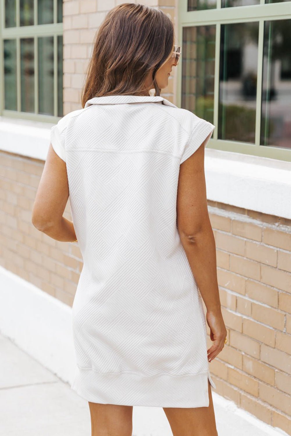 White Textured Half Zip Collared Cap Sleeve Mini Dress eAura