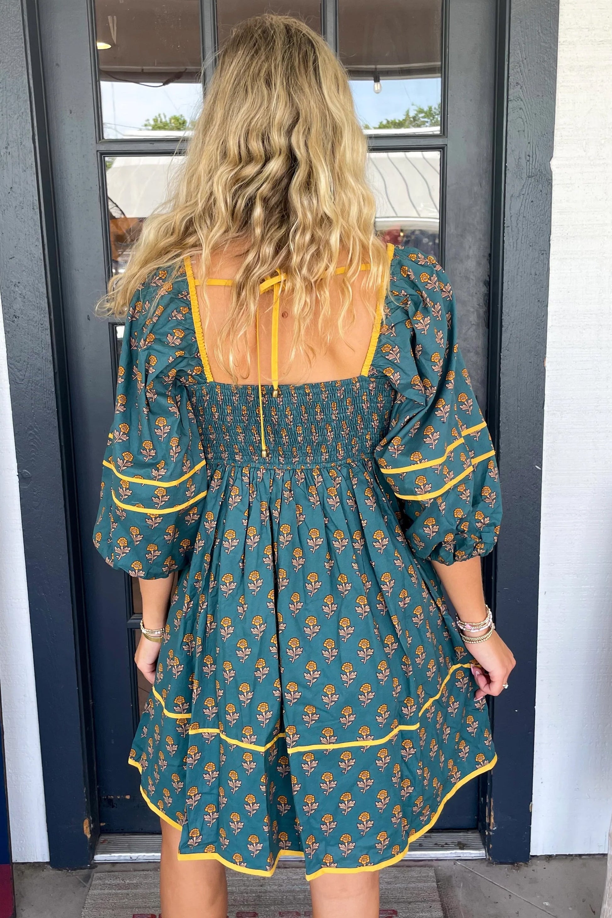 Skobeloff Floral Contrast Trim Square Neck Puff Sleeve Dress eAura