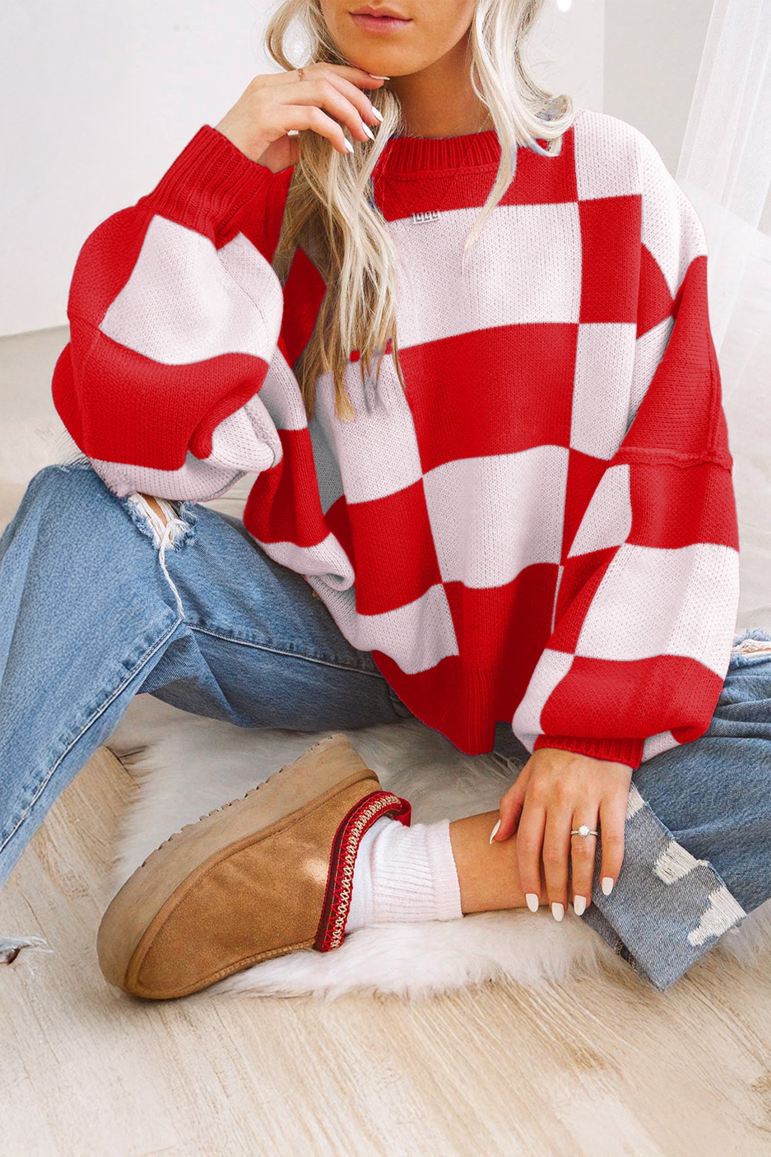 Checkered Bishop Sleeve Sweater - Red / S - Sweaters & Cardigans/Sweaters