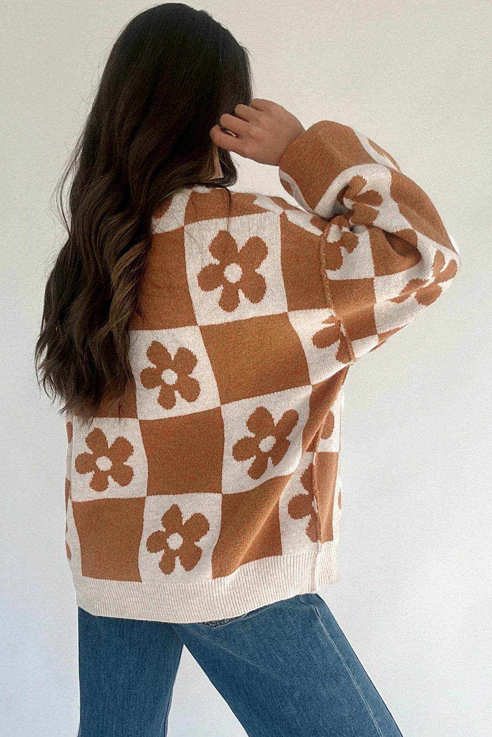 Flower Colourblock Checkered Henley Sweater - eAura