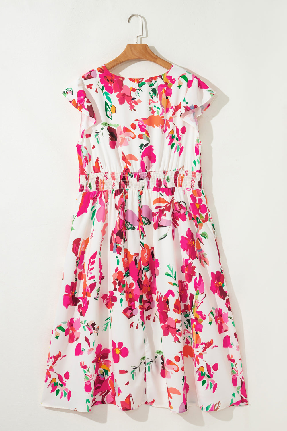 Pink Floral Print V Neck Ruffle Sleeve Plus Size Midi Dress BB Fashion Outlet